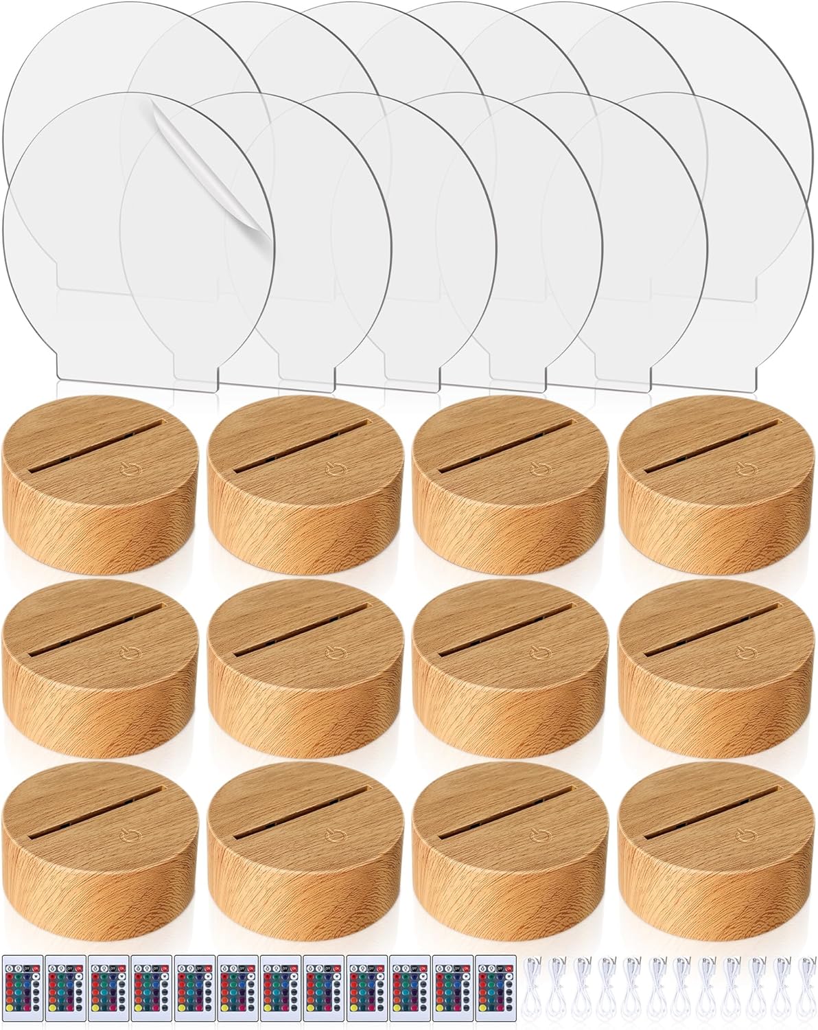 12 bases de lámpara de noche LED 3D, 12 hojas de acrílico transparente en blanco, 16 colores, 4 modos con control remoto, cable USB, color madera,