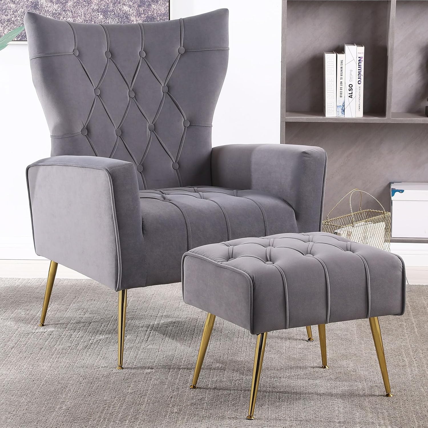 ODUWA Silla decorativa de terciopelo con otomana, sillas decorativas modernas con reposabrazos y respaldo, silla capitoné con botones, sillón
