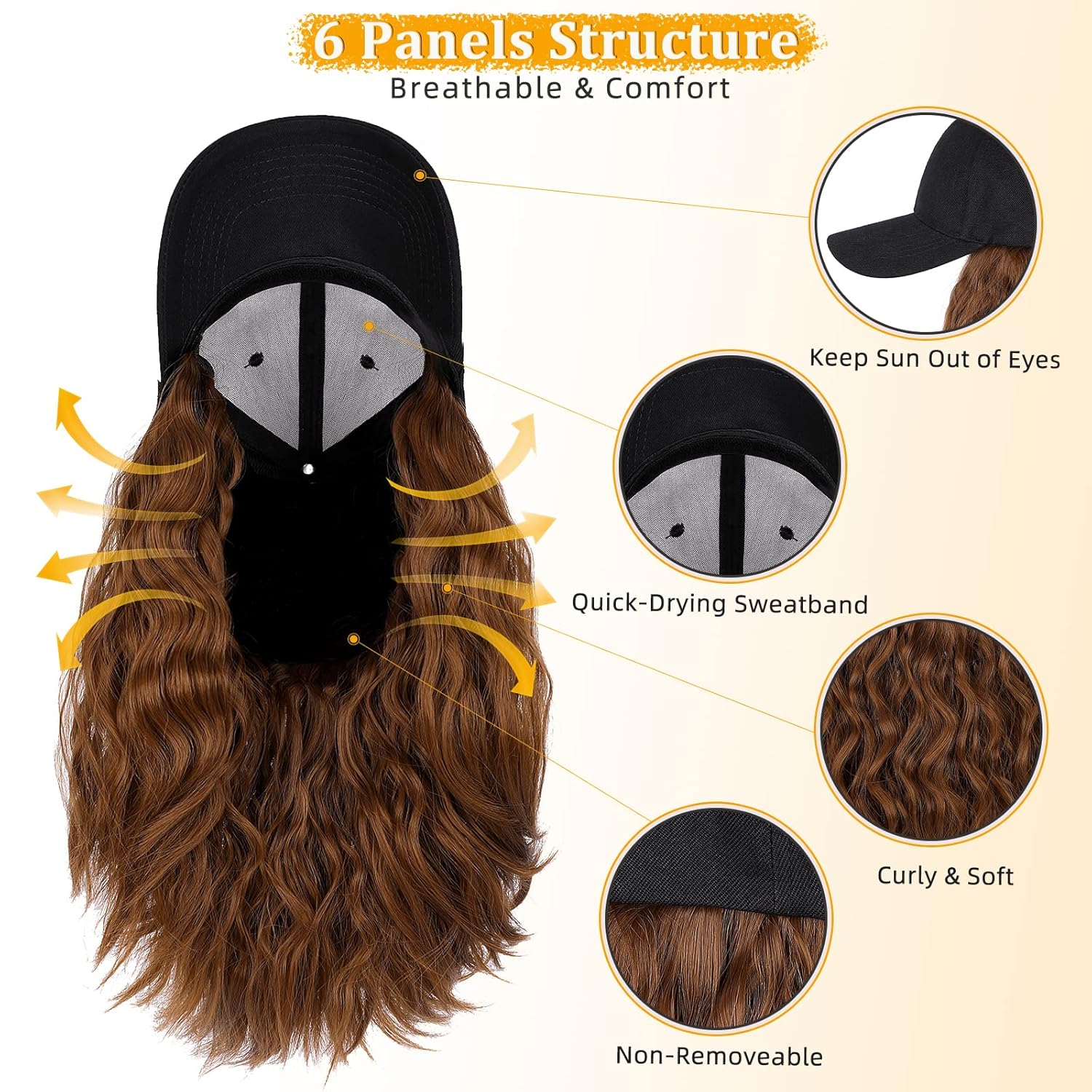 Lansigreen Gorra de béisbol con extensiones de cabello, peluca ajustable, gorra rizada de 14 pulgadas, peluca sintética para mujer, castaño claro