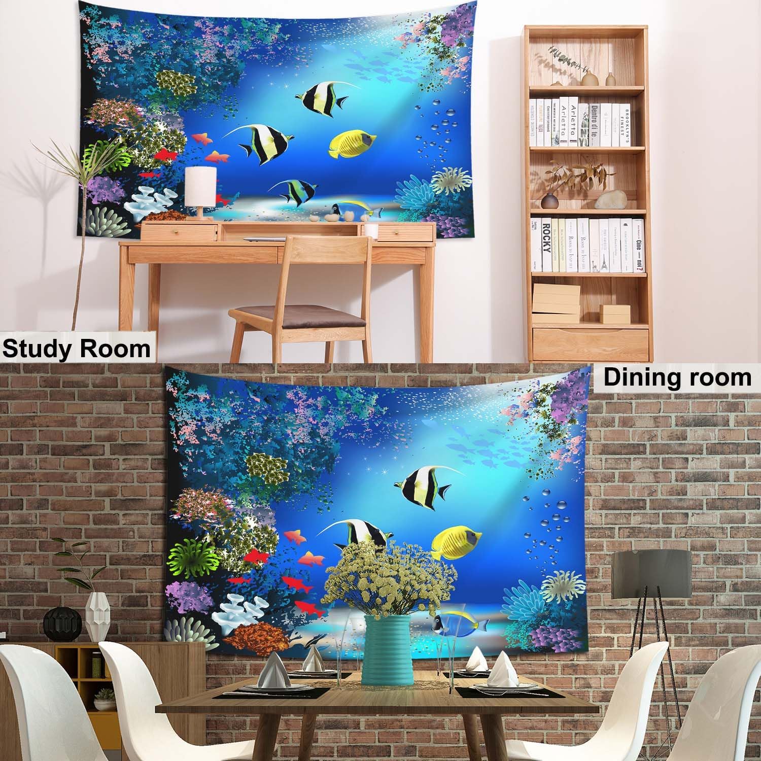 Pznen Maravillosos tapices del mundo submarino, tamaño grande, 80 x 60 pulgadas, peces coloridos, algas, plantas marinas, tapiz para dormitorio,