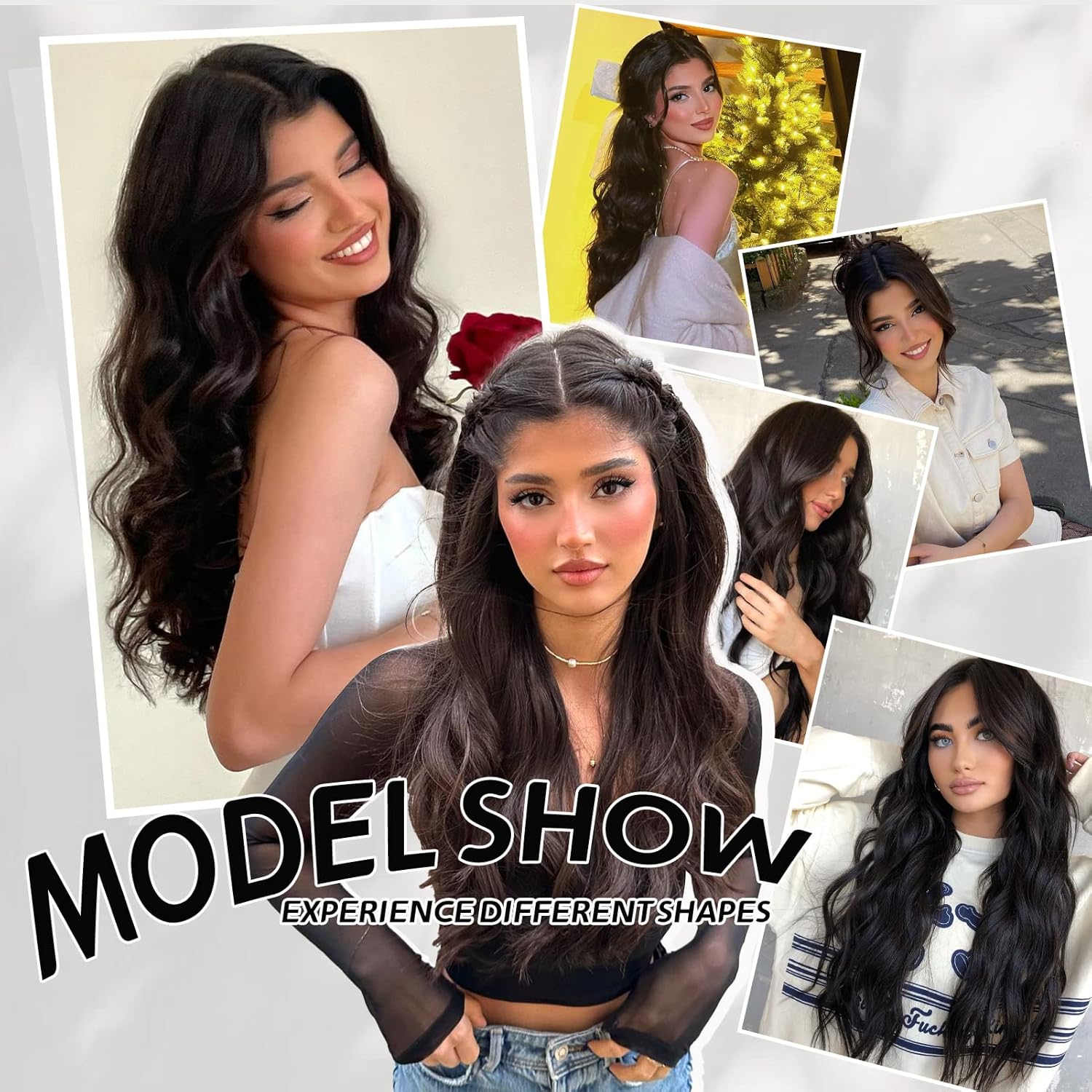 Extensiones de cabello sintético largo ondulado de 20 pulgadas con alambre transparente ajustable, con 4 clips seguros, para uso diario en fiestas
