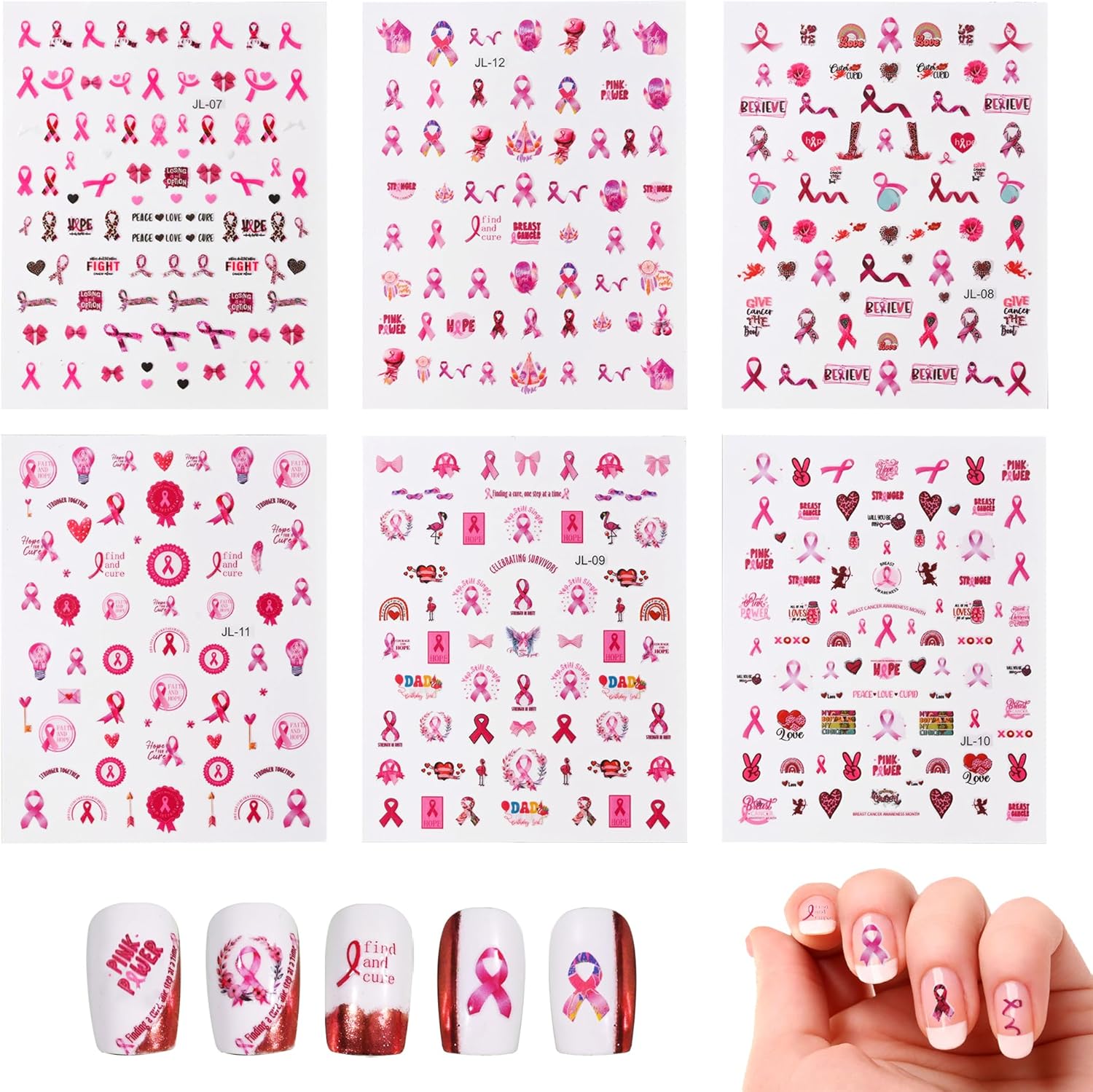 Calcomanías para arte de uñas con conciencia sobre el cáncer de mama, 6 hojas de calcomanías autoadhesivas 3D, calcomanías de uñas de cinta rosa con