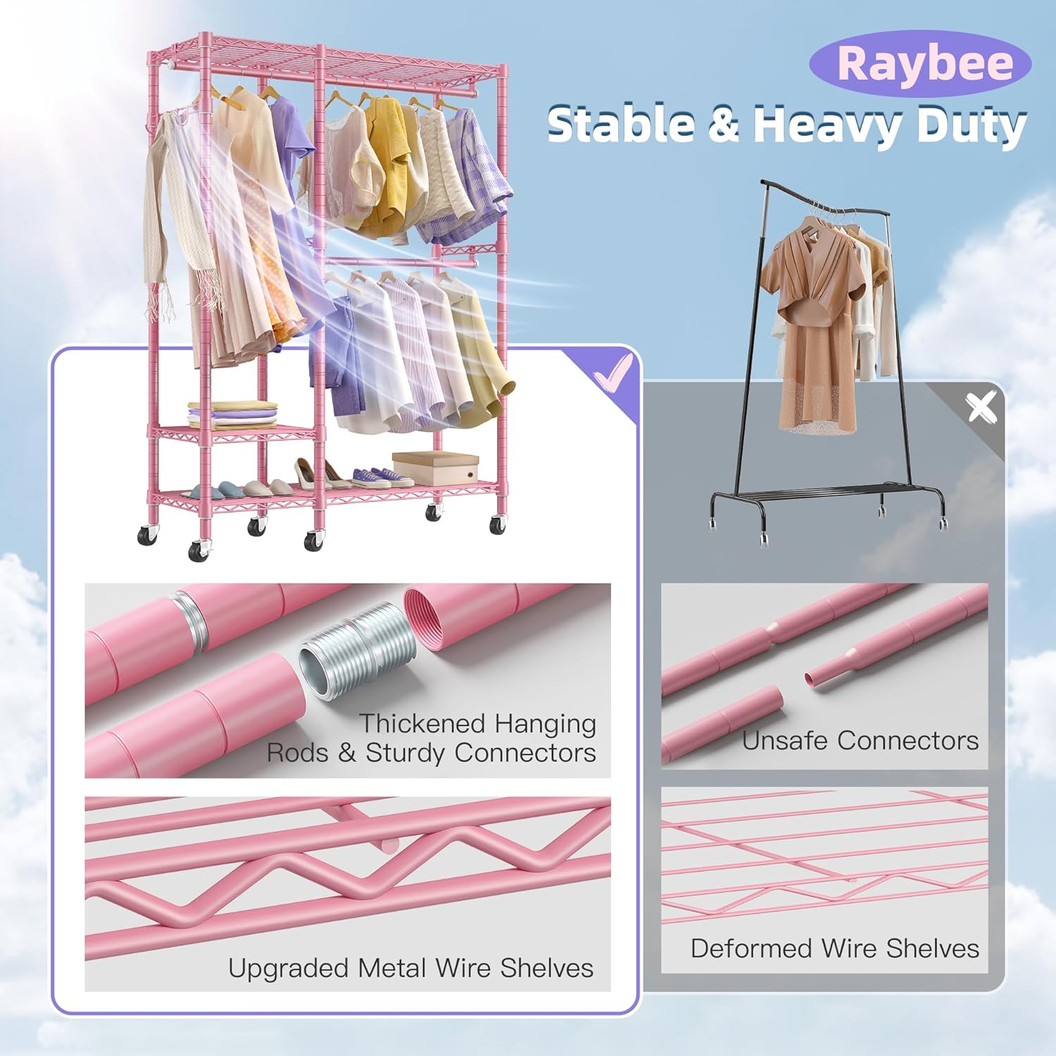 Raybee Perchero de ropa rosa de 80 pulgadas de alto, perchero resistente para colgar ropa, perchero con ruedas, estante portátil de alambre para