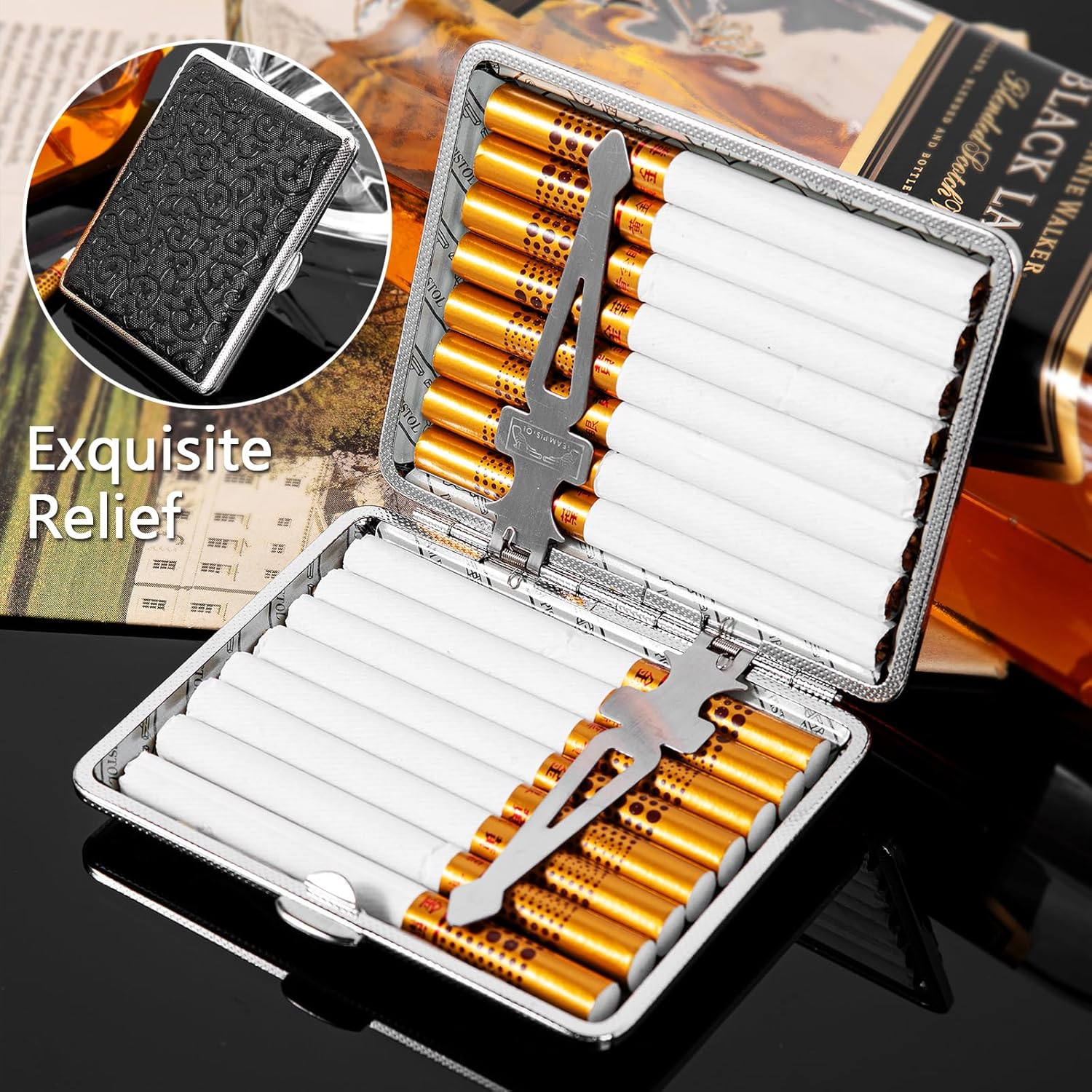 Un estuche de cigarrillos de metal moderno y ultrafino con un clip de resorte de doble cara y un patrón de hierba de espiga retro (16 Tangcao negro)