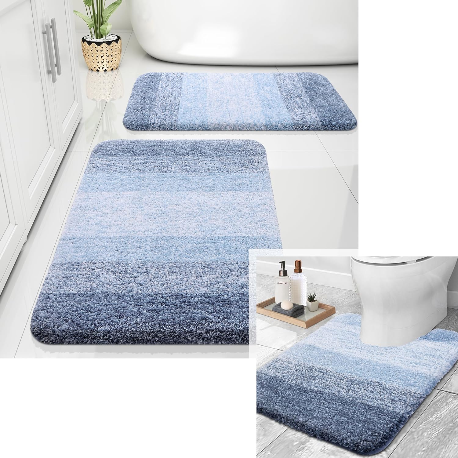 OLANLY Alfombra de baño y aseo en forma de U, tamaño 24 x 20 pulgadas, juego de alfombras de baño de 30 x 20 + 24 x 16 pulgadas, color azul, paquete