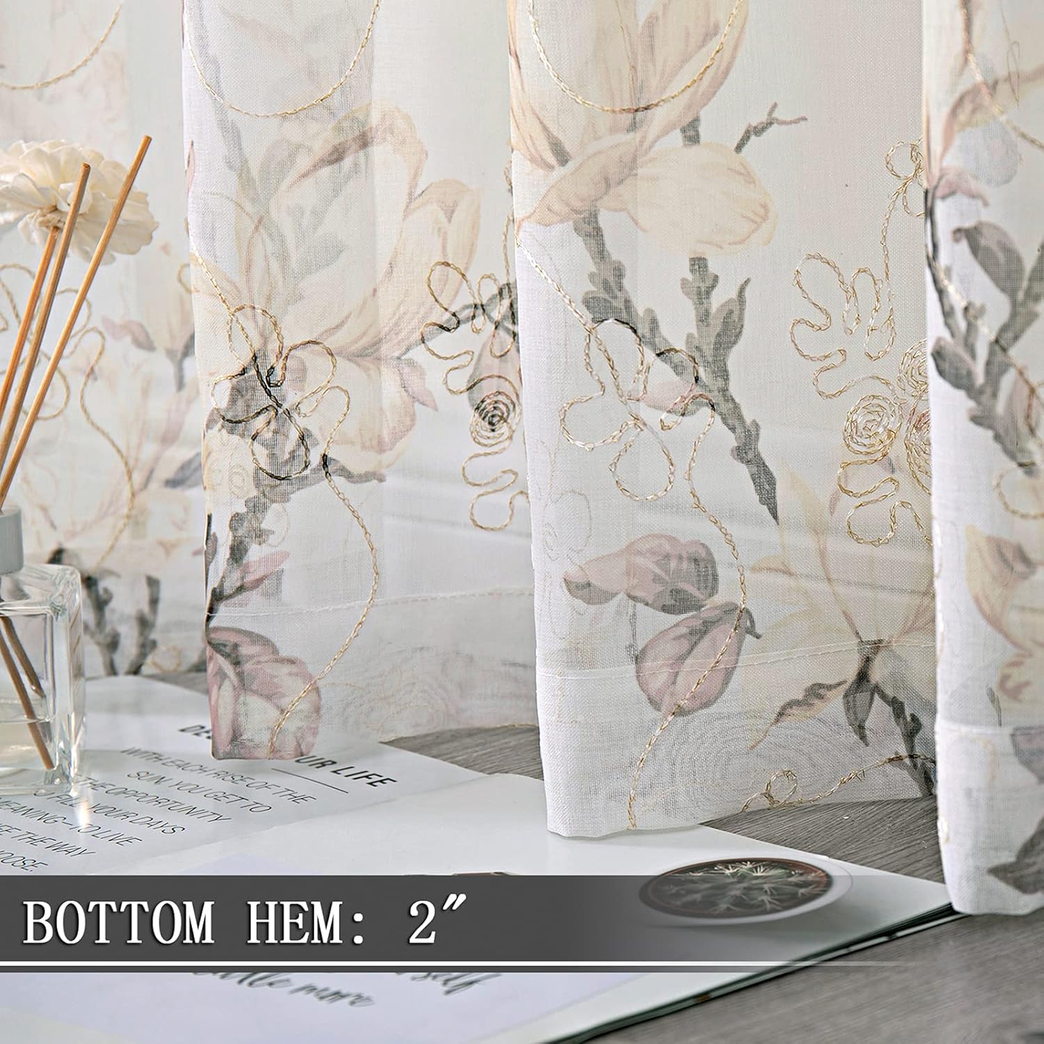 Tollpiz – Cortinas de gasa con estampado de flores y bordado de enredadera, con bolsa para barra, cortinas Voile para ventana, para sala de estar,