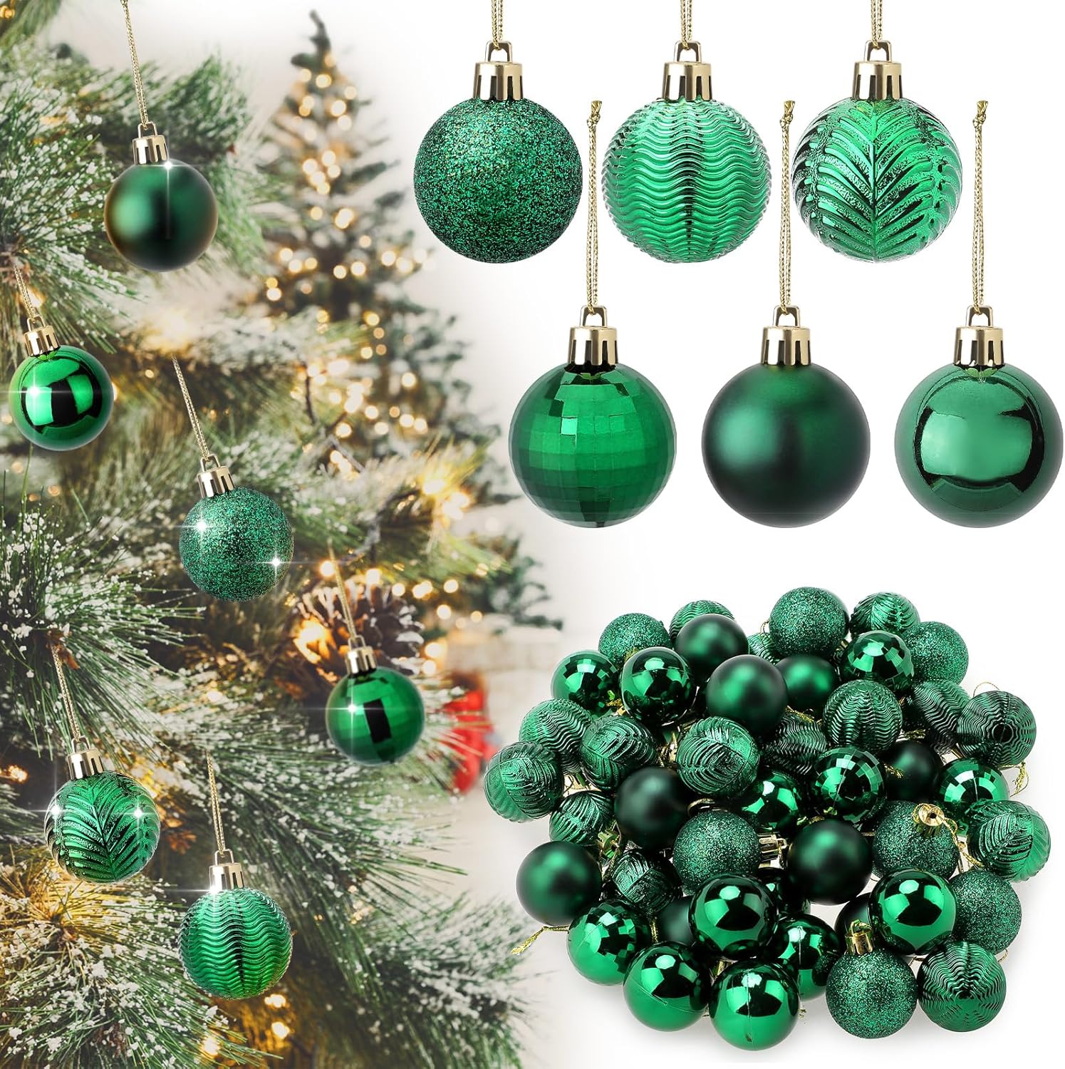 60 esferas de Navidad color verde esmeralda, adornos de plástico de 1.57 pulgadas, adornos de árbol de Navidad con lazo para colgar, para fiestas de
