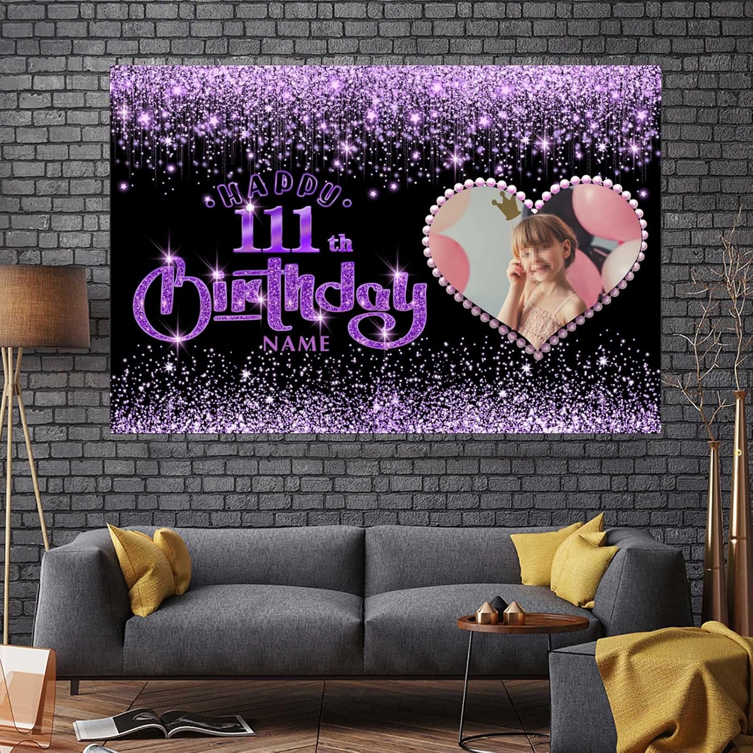 Cartel personalizable de decoración de feliz cumpleaños número 111, negro y morado brillante, tamaño grande