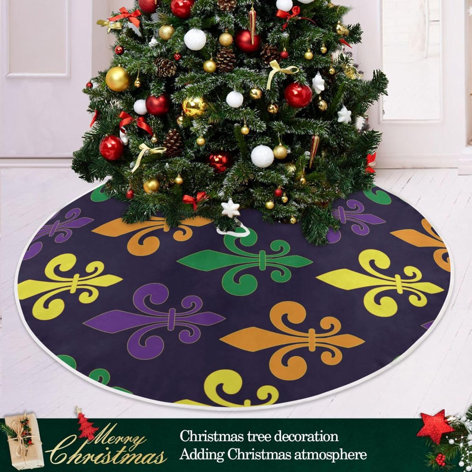 Mardi Gra con falda de árbol de Navidad de lirio francés, decoraciones para árbol, faldas de árbol de Navidad, lavables, falda pequeña para árbol de
