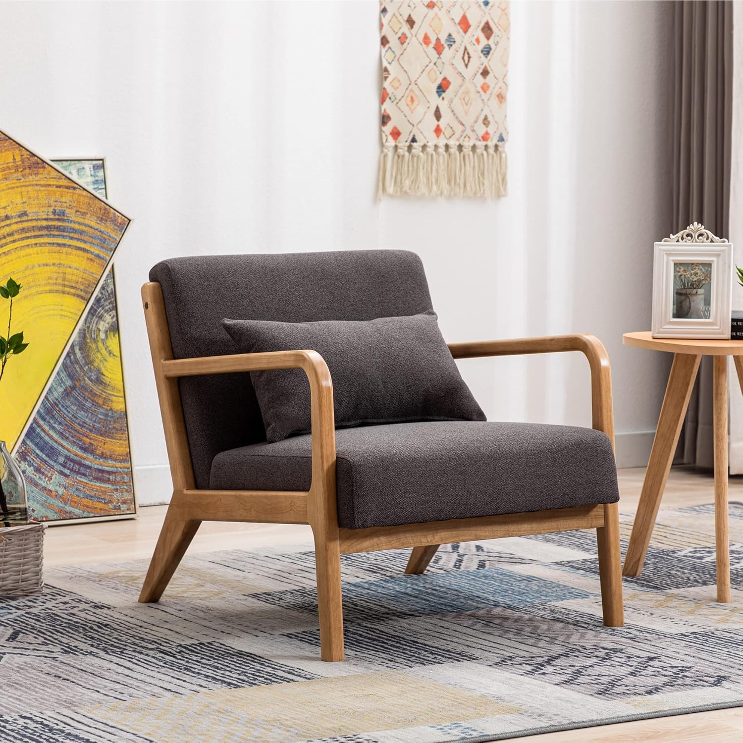 chairus Silla decorativa Mid-Century moderna, de tela de lino, cómoda silla tapizada para dormitorio, dormitorio, sala de lectura, recepción con