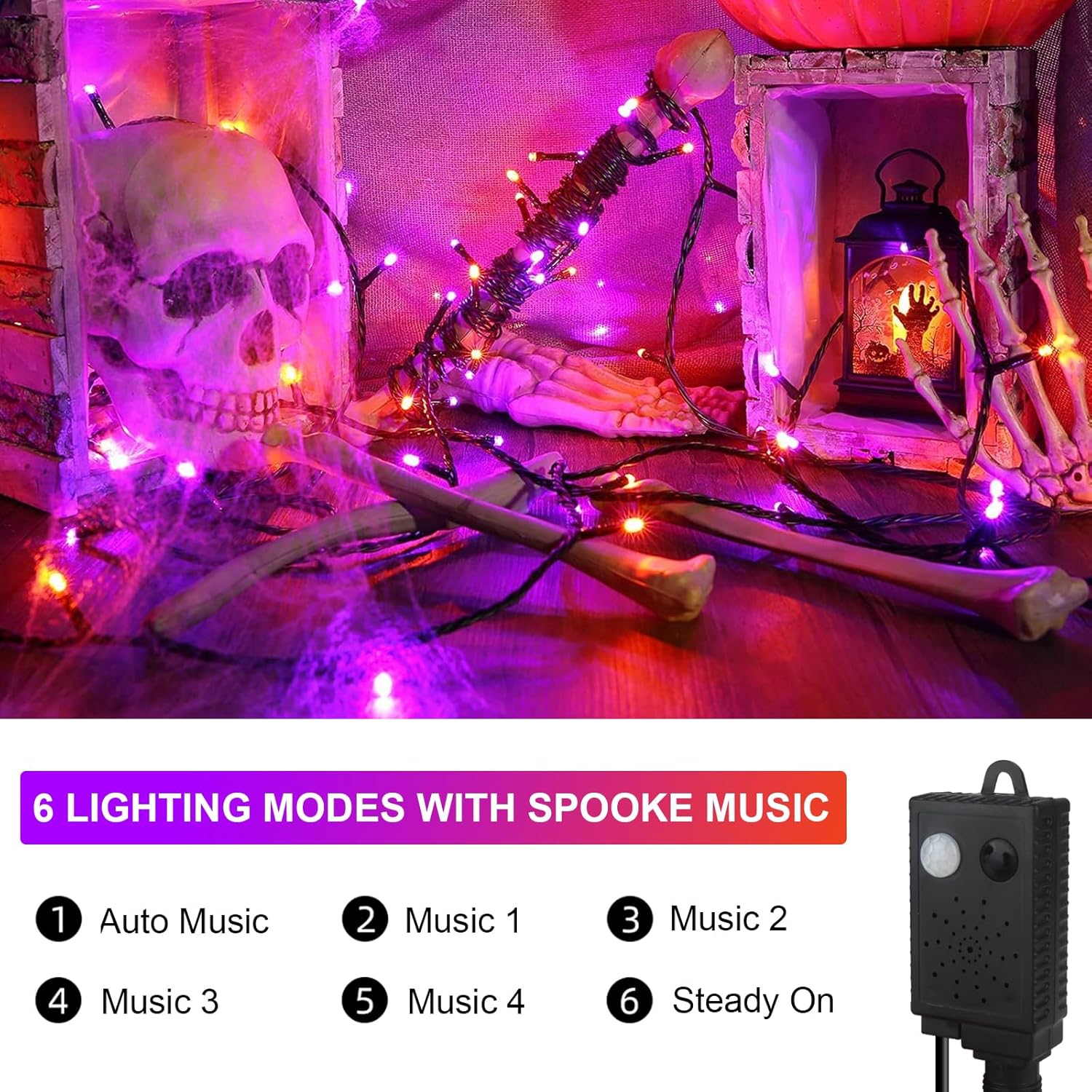 XTF2015 Luces de Halloween, 105 pies, 300 luces LED de Halloween con controlador de sensor de movimiento de música espeluznante, impermeable, luces