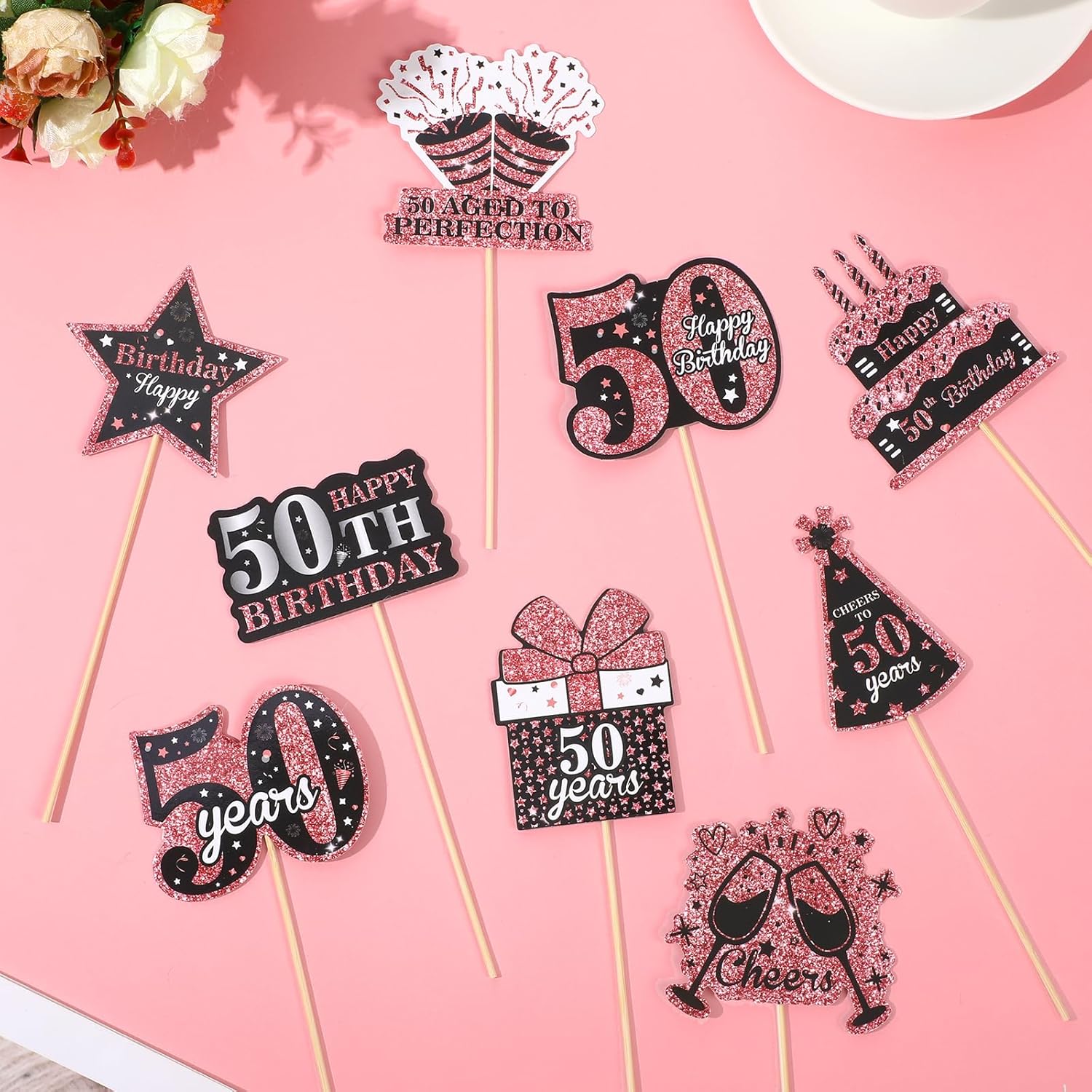 36 piezas de decoración para tartas de cumpleaños número 50, color oro rosa y negro, decoración para cupcakes de 50 años, 50 fabulosas selecciones