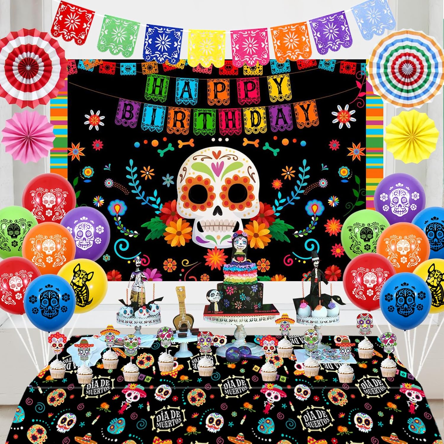 Decoraciones de cumpleaños del Día de los Muertos, globos del Día de los Muertos, telón de fondo de calavera de azúcar, mantel para cupcakes,