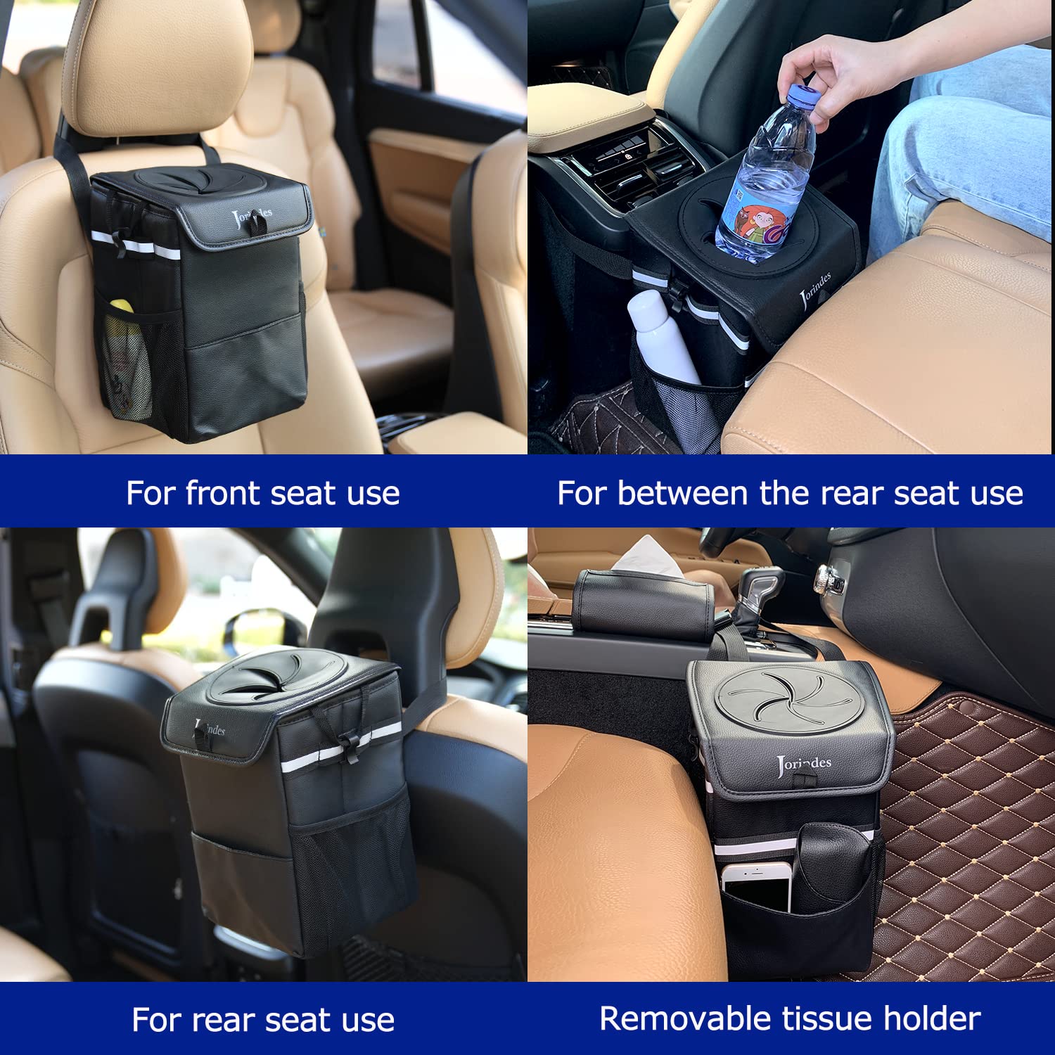 Basurero de automóvil de piel sintética con tapa y forro a prueba de fugas, accesorios de automóvil fáciles de instalar para viajes, bolsa de basura