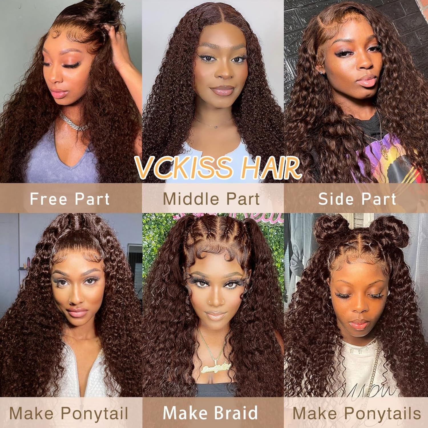 VCkiss Pelucas de cabello humano con encaje frontal color castaño chocolate, prearrancadas, 26 pulgadas, rizado, ondulado profundo, 13 x 4 HD,