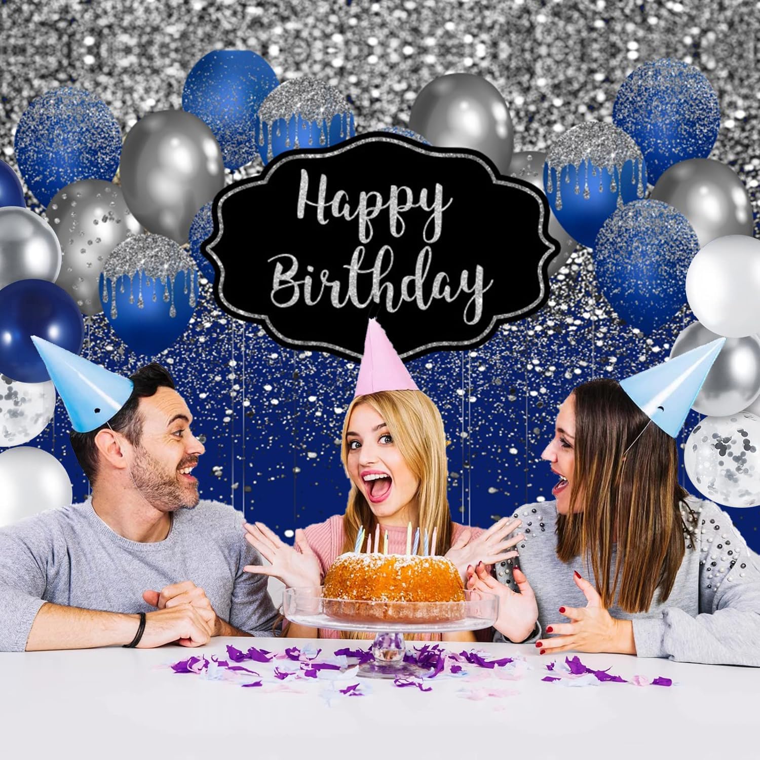 Telón de fondo de feliz cumpleaños azul marino y plateado, globos azules y plateados con purpurina, diamantes, puntos, fiesta de cumpleaños, fondo