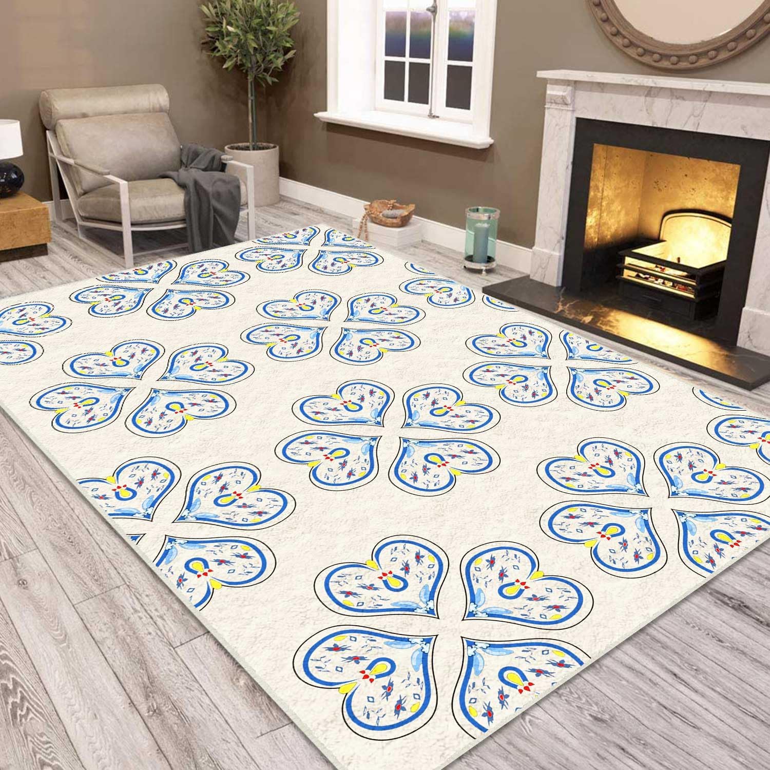 Alfombra de enrejado floral para sala de estar, 3 pies 3 pulgadas x 5 pies 3 pulgadas, cremaazul moderna alfombra de flores que no se desprende,