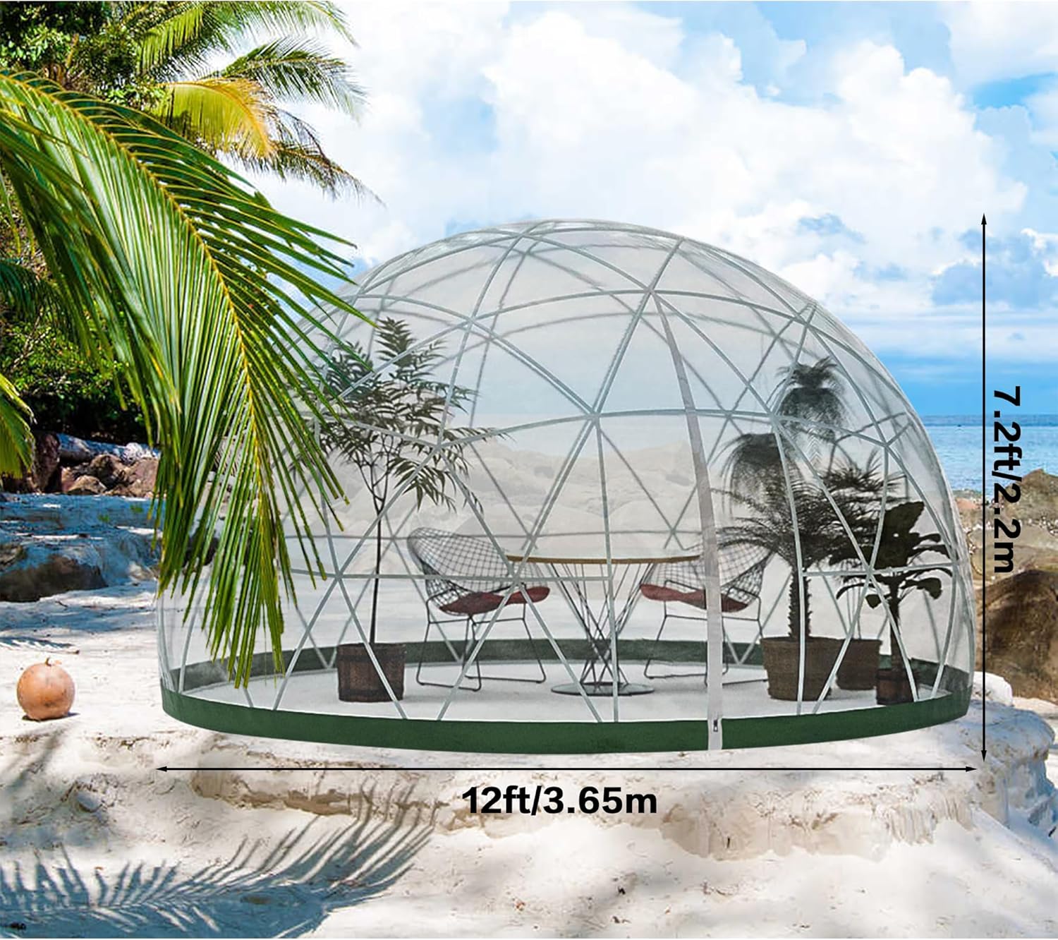 Igloo de domo de invernadero para jardín, 12 x 7.2 pies, carpas de PVC con cúpula de PVC, resistente a la intemperie, con 2 cuerdas de luz de 32.8