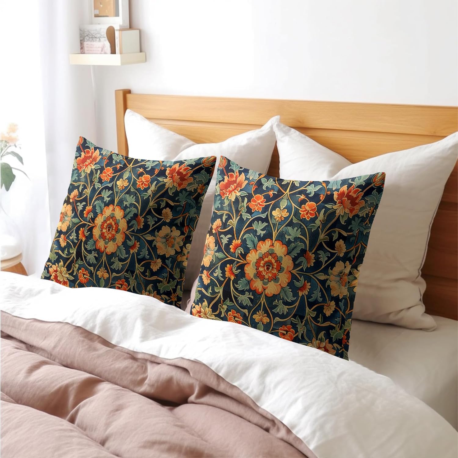 Kawani Juego de 2 fundas de almohada florales vintage de 18 x 18 pulgadas, diseño de flores botánicas antiguas con patrón de tapiz, fundas de