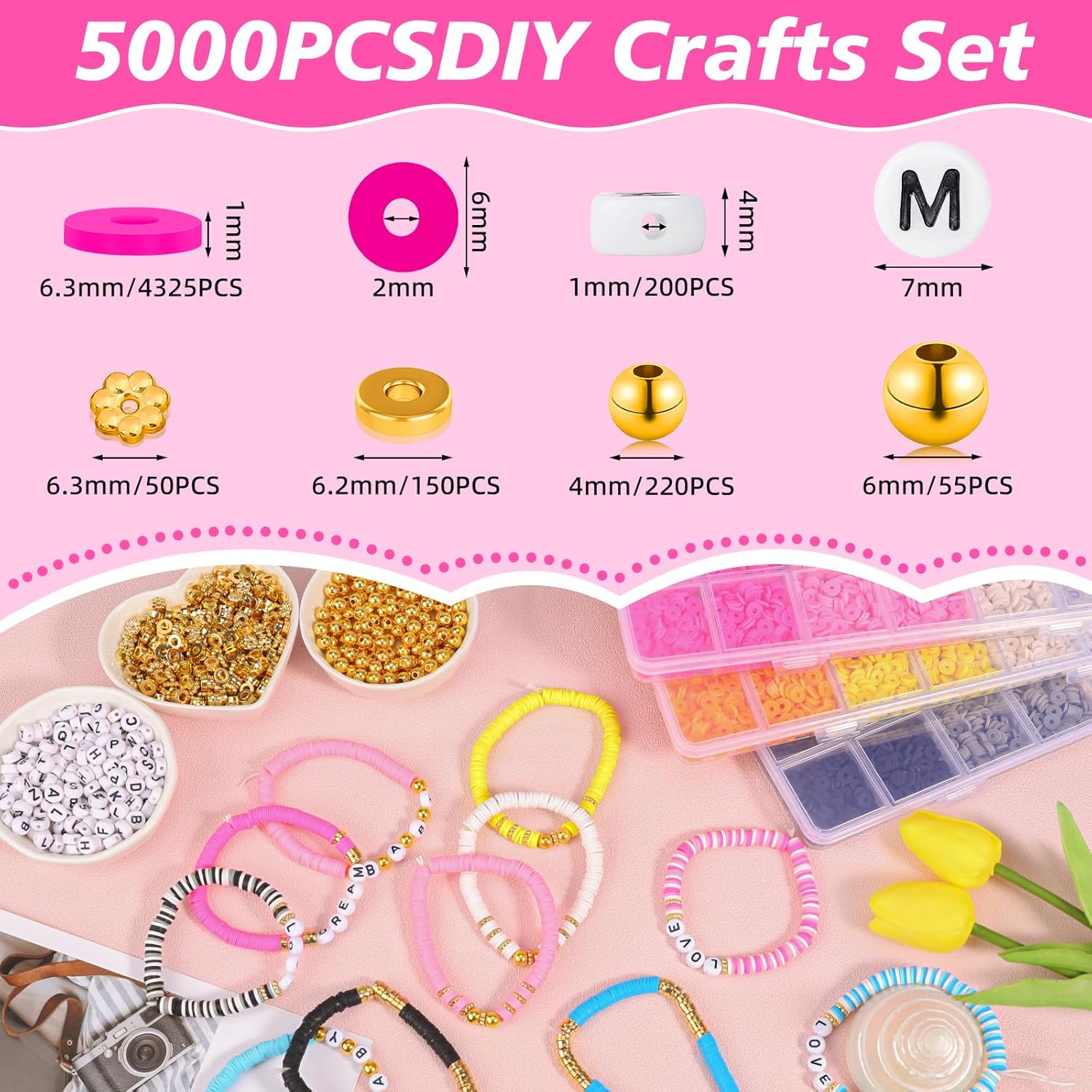 Kit de 5000 piezas para hacer pulseras de cuentas de arcilla para niñas, cuentas de arcilla de la amistad para pulseras, cuentas amarillas,