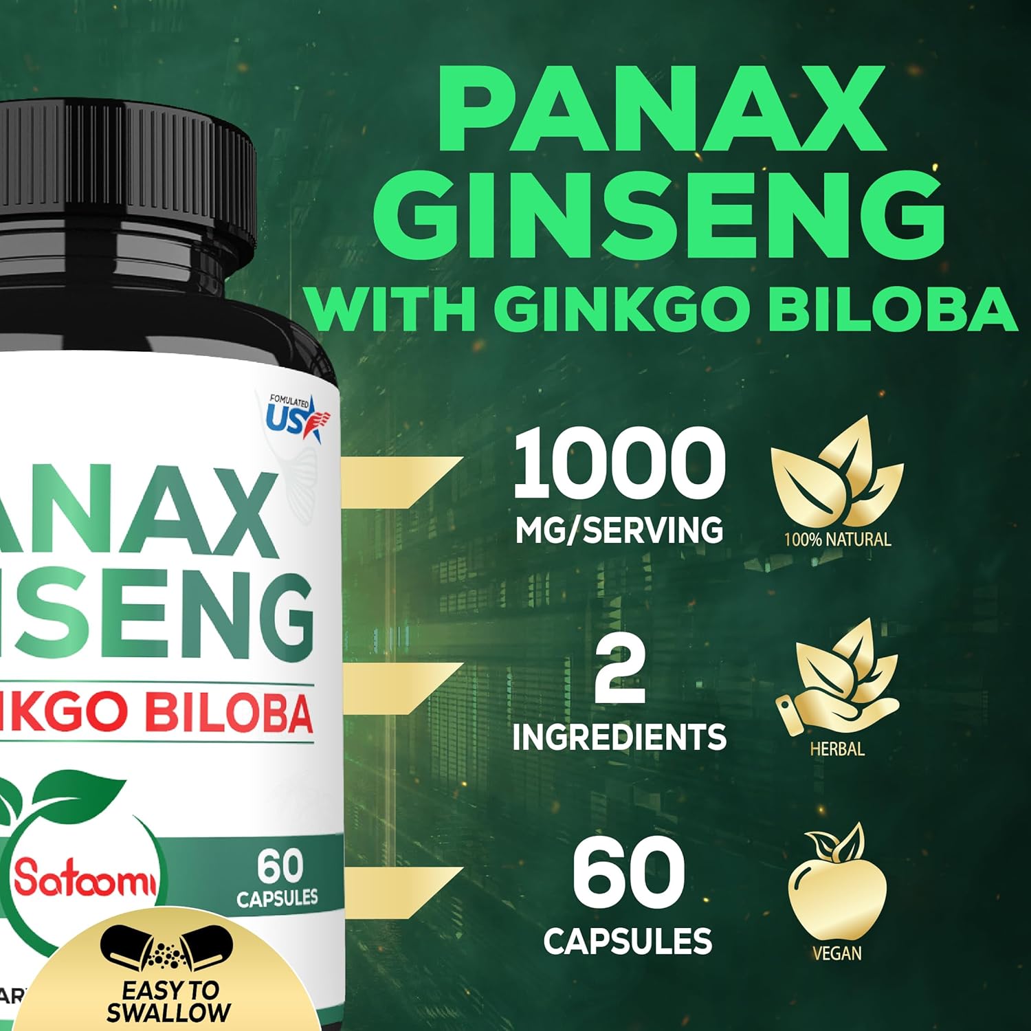 Suplemento de 1000 mg de Panax Ginseng y Ginkgo Biloba rojo coreano, 60 cápsulas veganas, sin gluten, sin OMG, producción de energía, salud