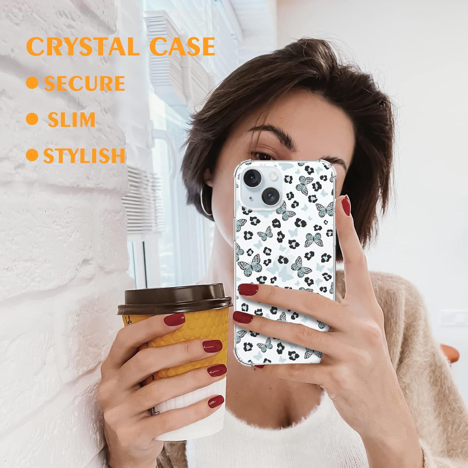 MSEAANBK Funda transparente con manchas de leopardo azul, diseñada para iPhone 15, diseño de mariposa azul, a la moda para niñas y mujeres, 4