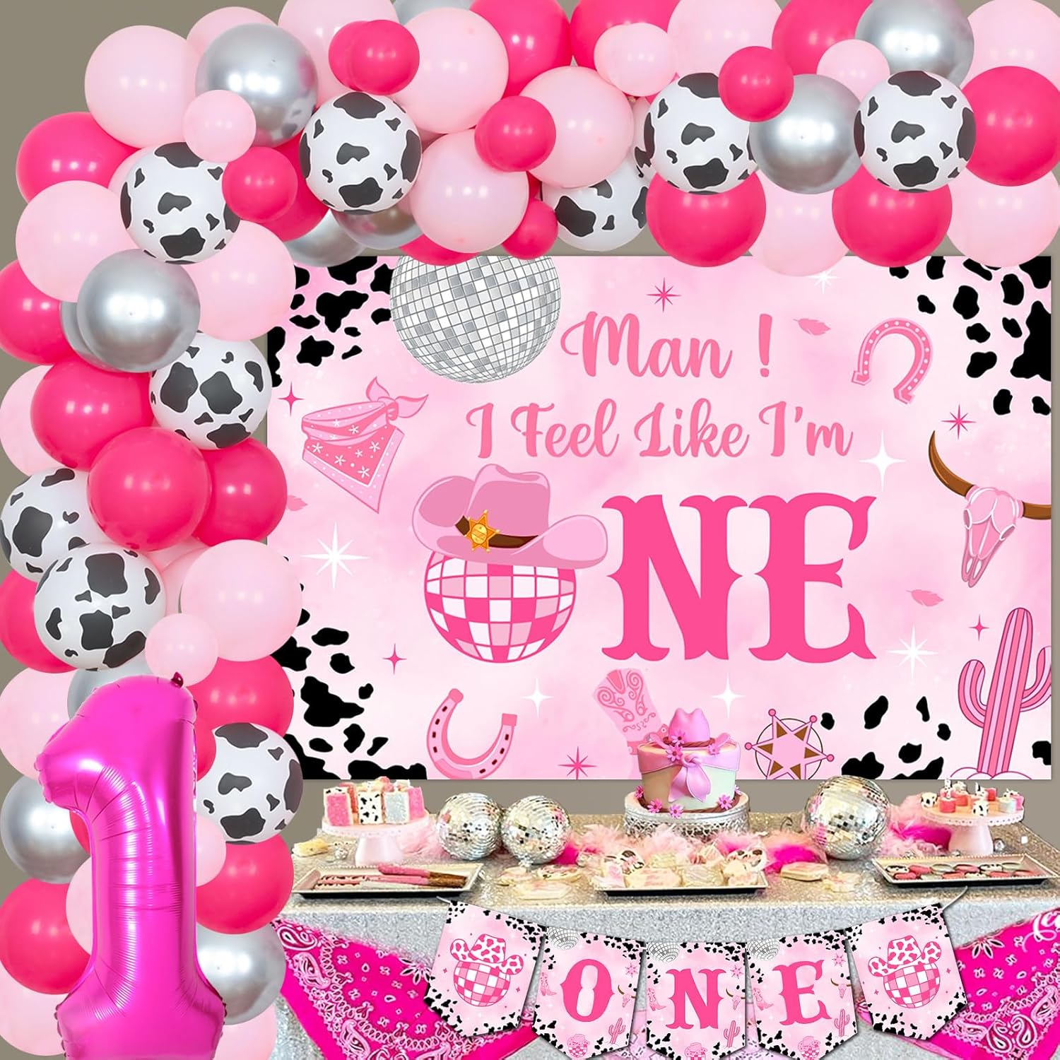 Decoraciones de primer cumpleaños de vaquera disco con texto en inglés Man I Feel Like I’M One para decoración de fiesta, telón de fondo, globos de