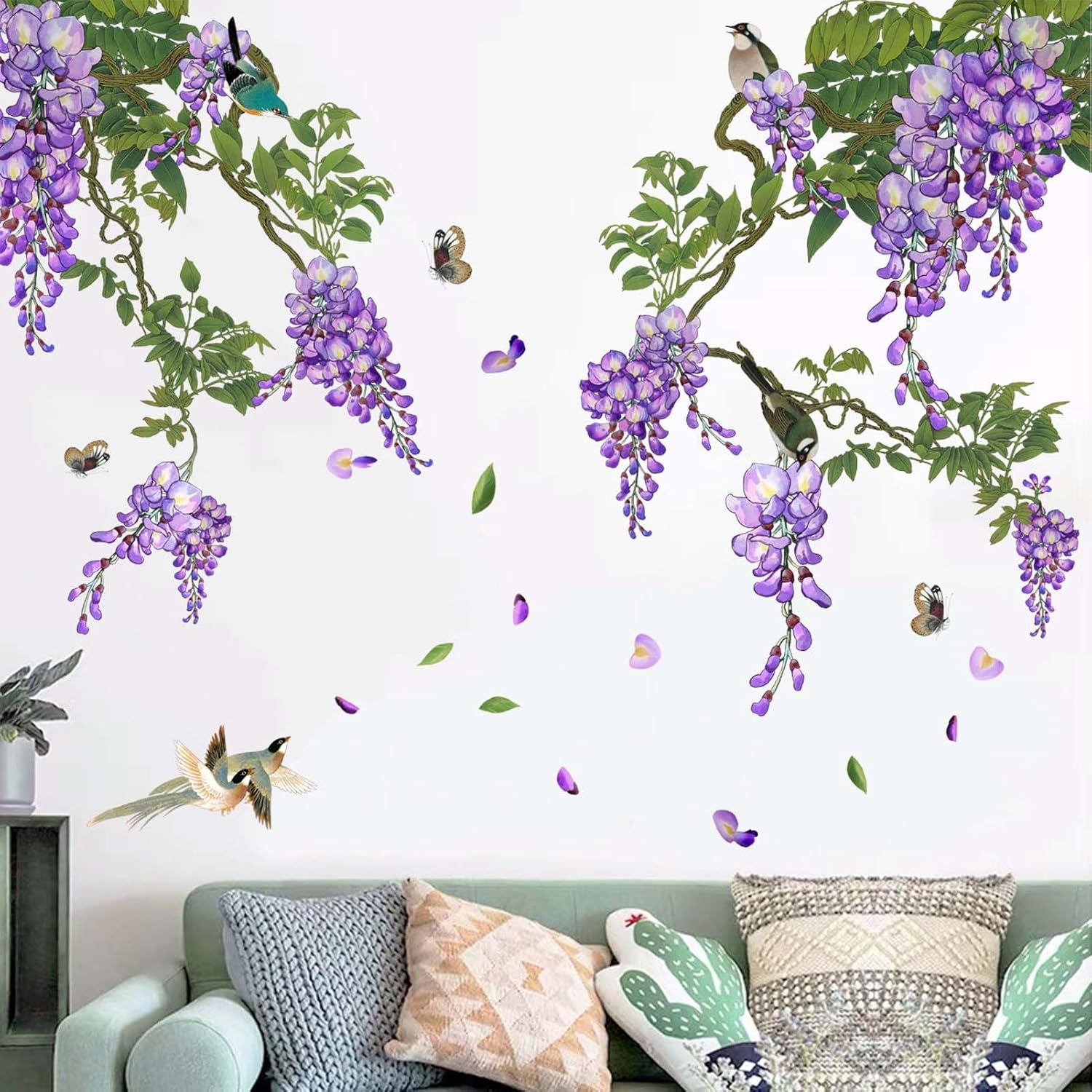 PinkEleph Calcomanías de pared colgantes de flores moradas  Plantas naturales, hojas florales  Sala de estar, dormitorio, sofá, fondo de TV,