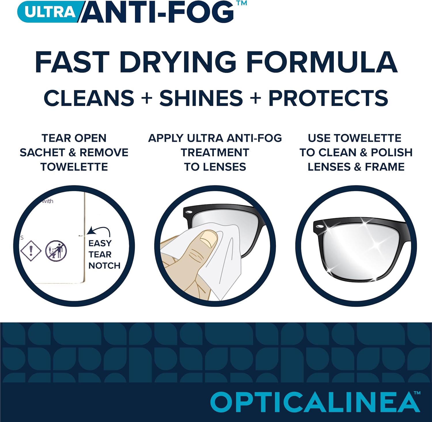 OPTICALINEA Toallitas de limpieza de lentes ultra antivaho l Toallitas antiniebla prehumedecidas para lentes, gafas de sol, gafas, pantallas, lentes