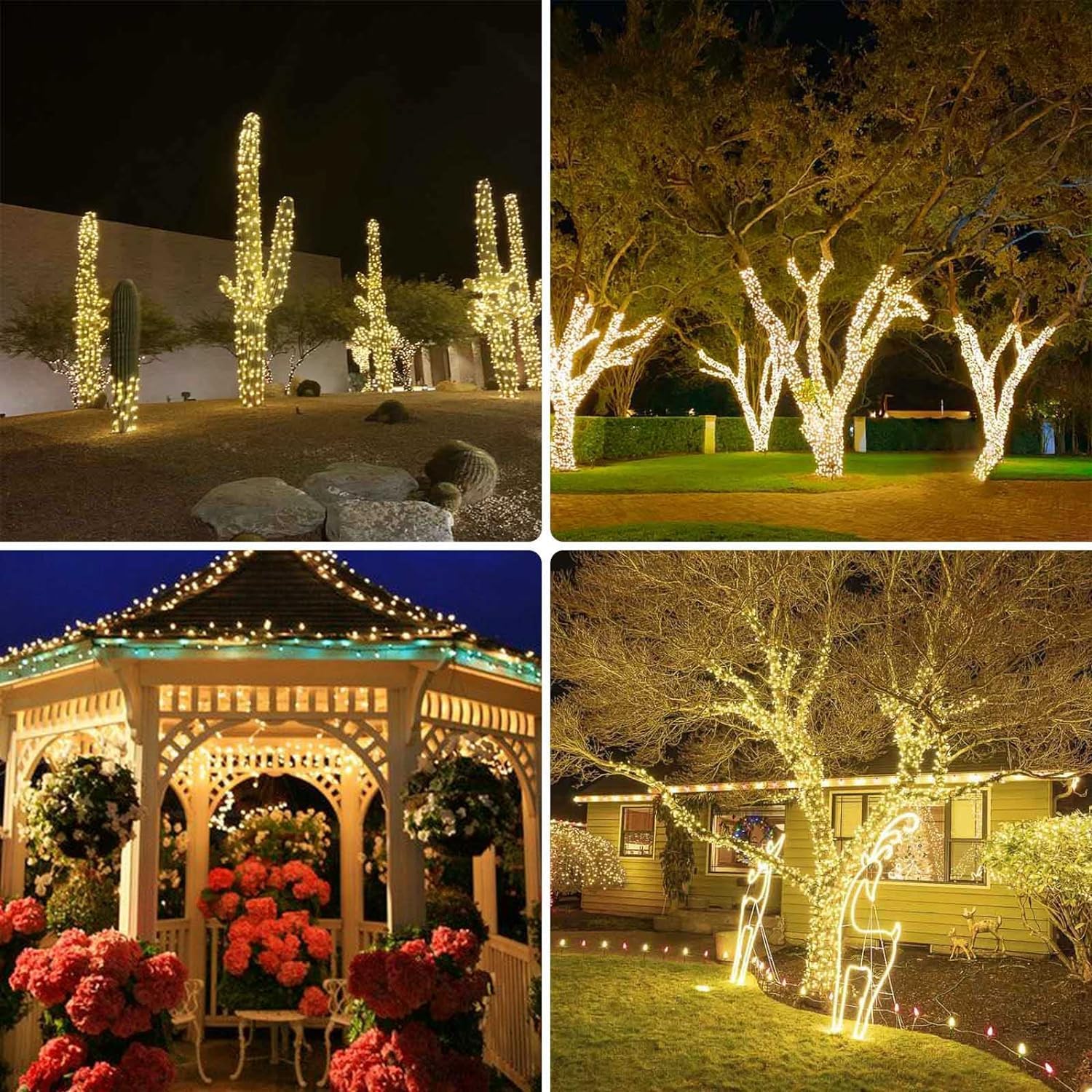 Paquete de 2 tiras de 200 luces LED solares de 66 pies para exteriores, funciona con energía solar, impermeable, con 8 modos, luces solares
