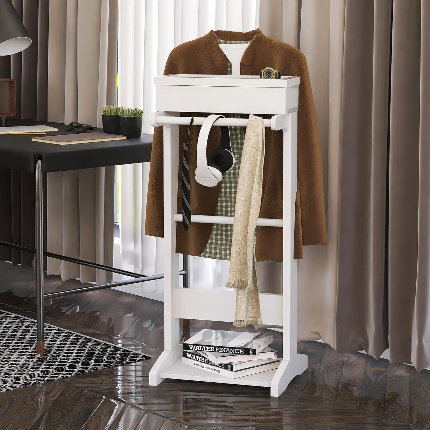 GLSCASA Soporte de valet para ropa, sombrero, organizador de almacenamiento, exhibición de pie, color blanco