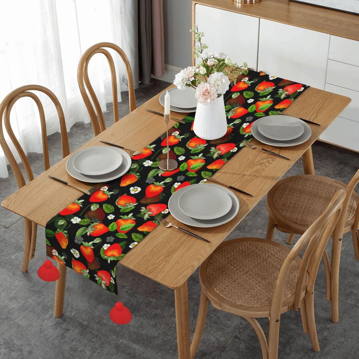 Camino de mesa de Navidad de fresas rojas, decoración de mesa de comedor, decoración de Navidad, decoración de interiores del hogar, caminos de mesa