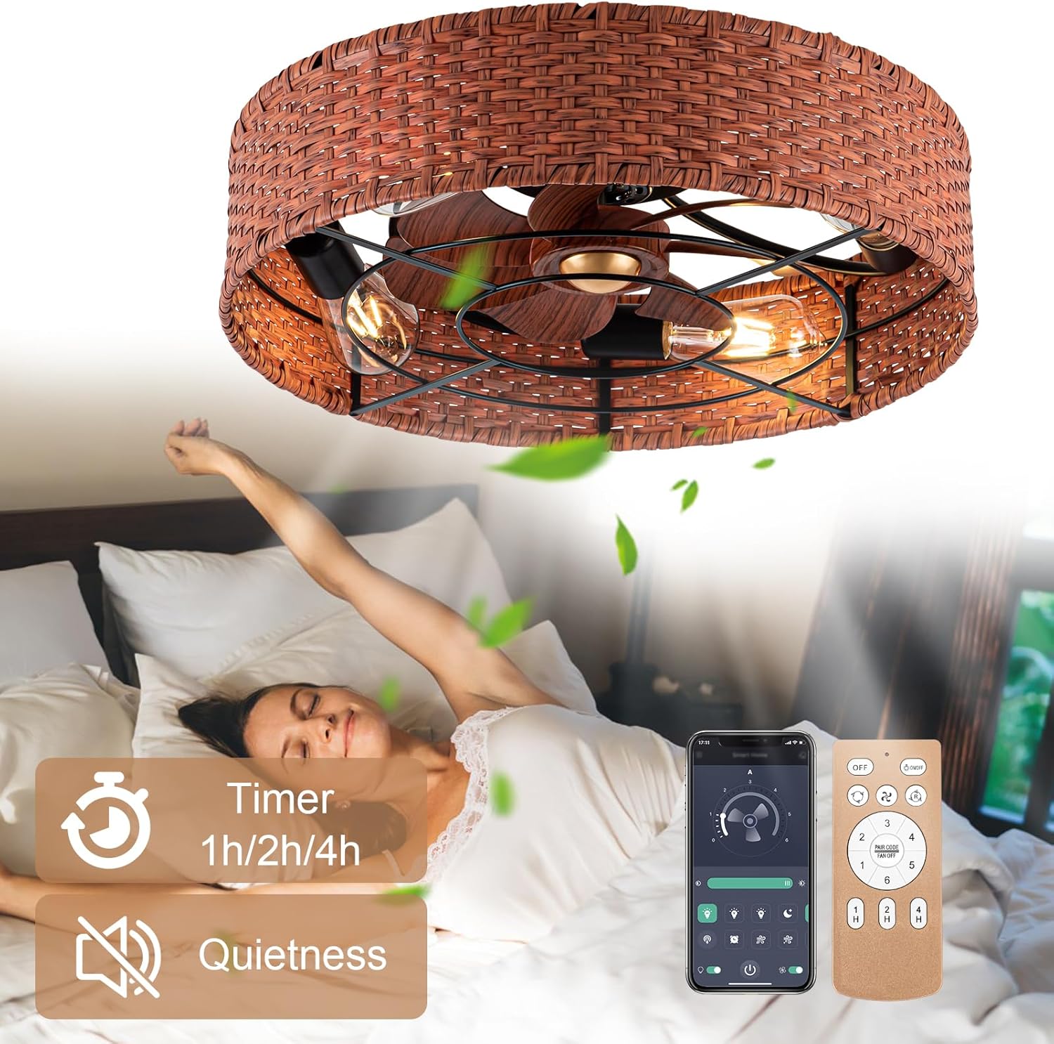 Ventilador de techo bohemio de ratán de 19 pulgadas con luz empotrada, ventilador de techo enjaulado de granja con control remoto reversible de 6