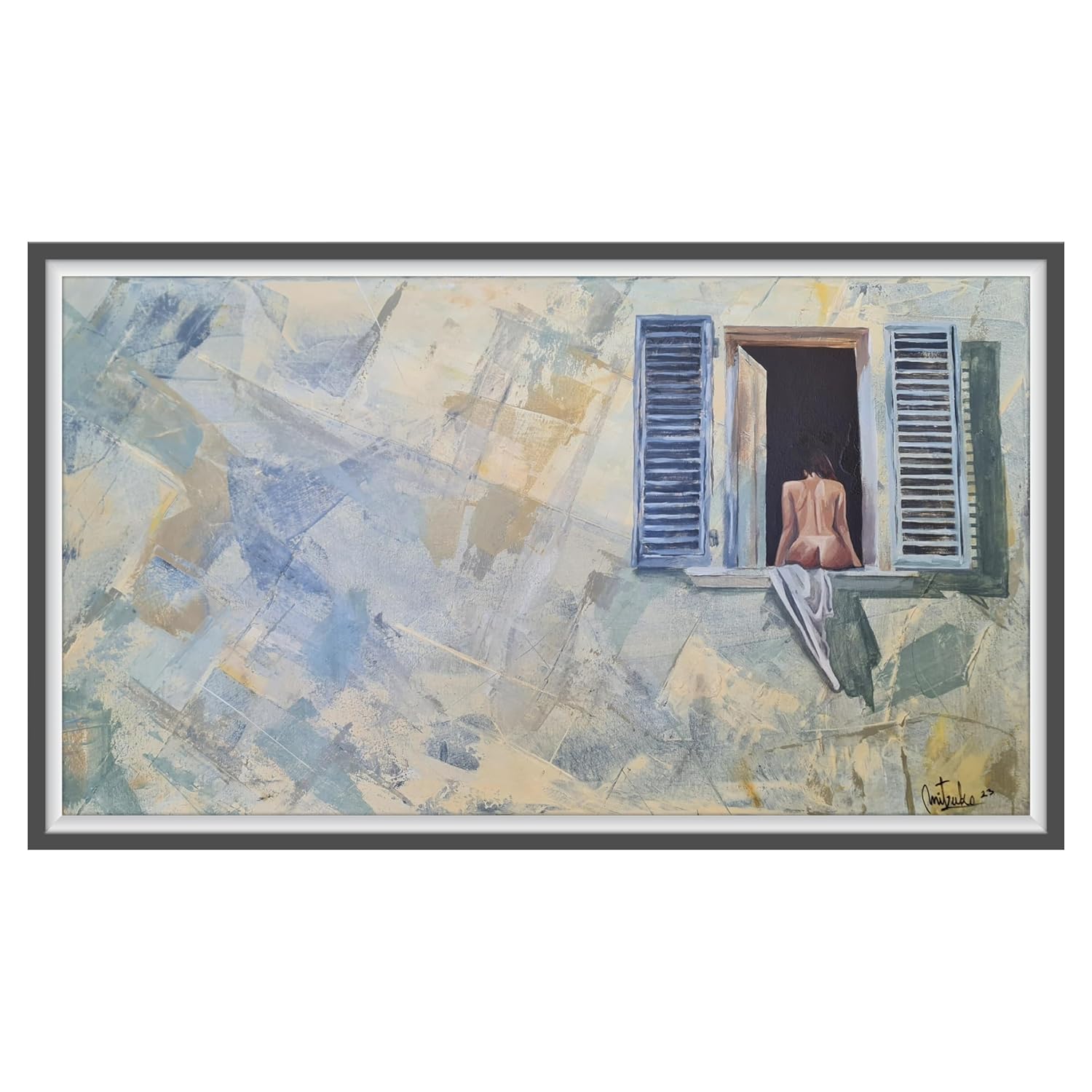 ” Mujer en la ventana” Grabado digital intetervenido Pintura hecha a mano, acrílico sobre lienzo, arte de pared abstracto,pieza única firmada por la