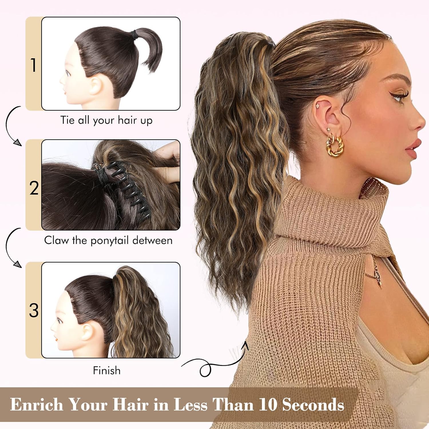 REECHO Extensión de cola de caballo, extensión de cola de caballo de 18 pulgadas con clip de garra para mujer, extensiones de cabello largo y