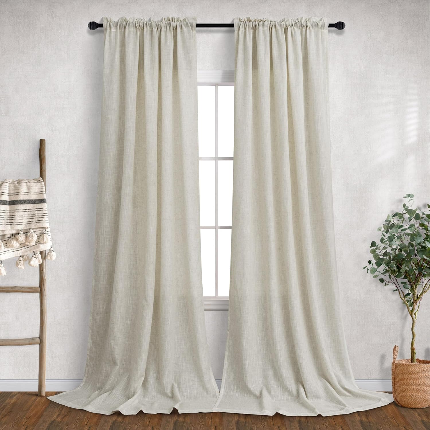 Cortinas largas de lino transparentes de lino de 120 pulgadas de largo para comedor, 2 paneles con bolsillo para barra, cortinas texturizadas de