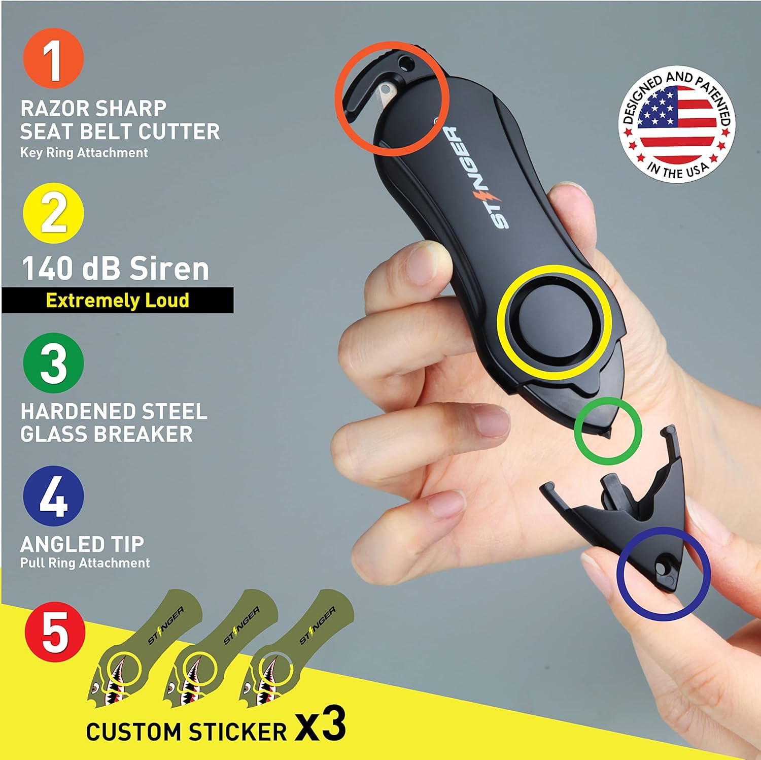 Alarma personal de emergencia, alarma de seguridad, cortador de cinturón de seguridad, cortador de vidrio, llavero de autodefensaprotección, suena