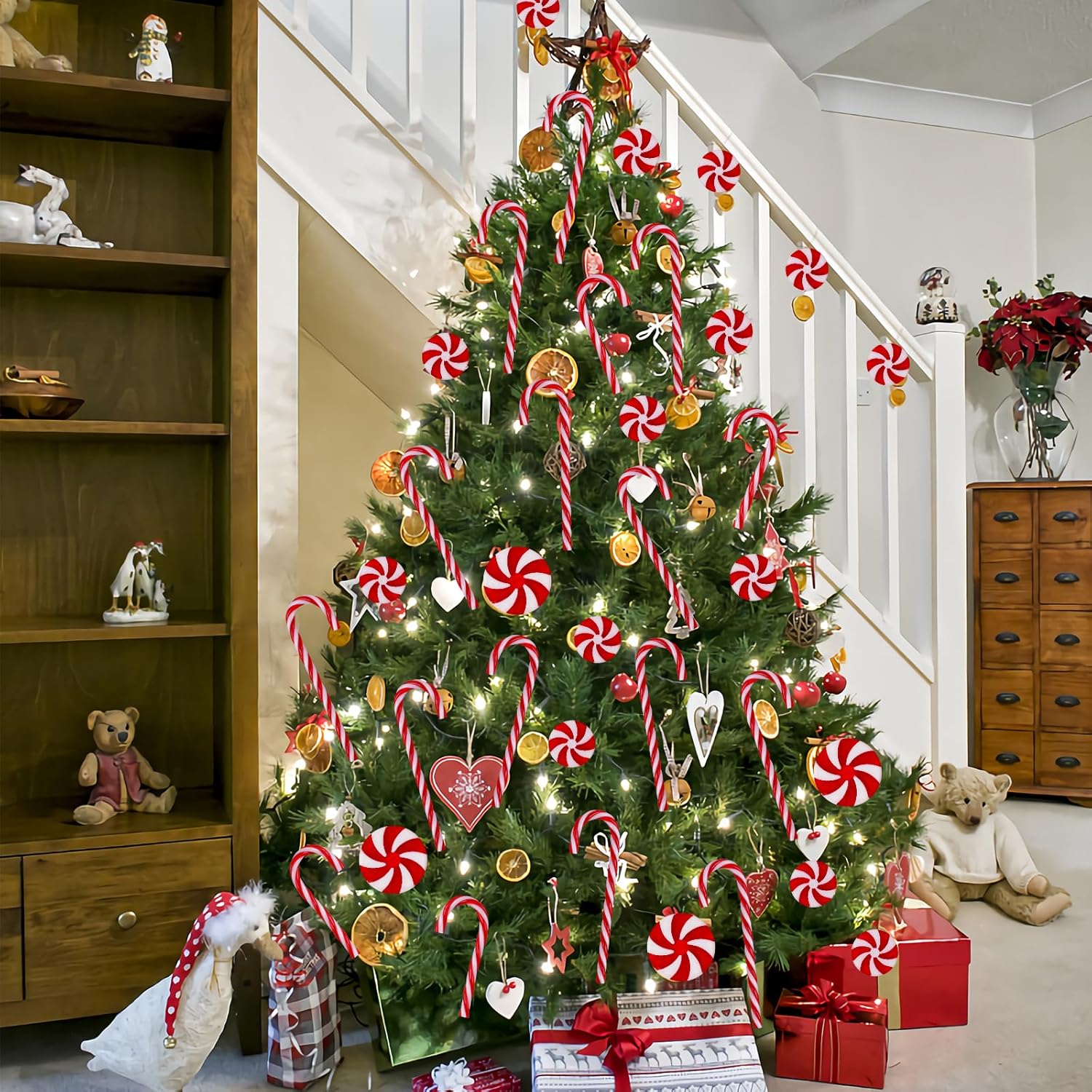 48 adornos colgantes de bastón de caramelo de Navidad, guirnalda de remolinos de caramelo, decoraciones de árbol de Navidad, bastón de caramelo de