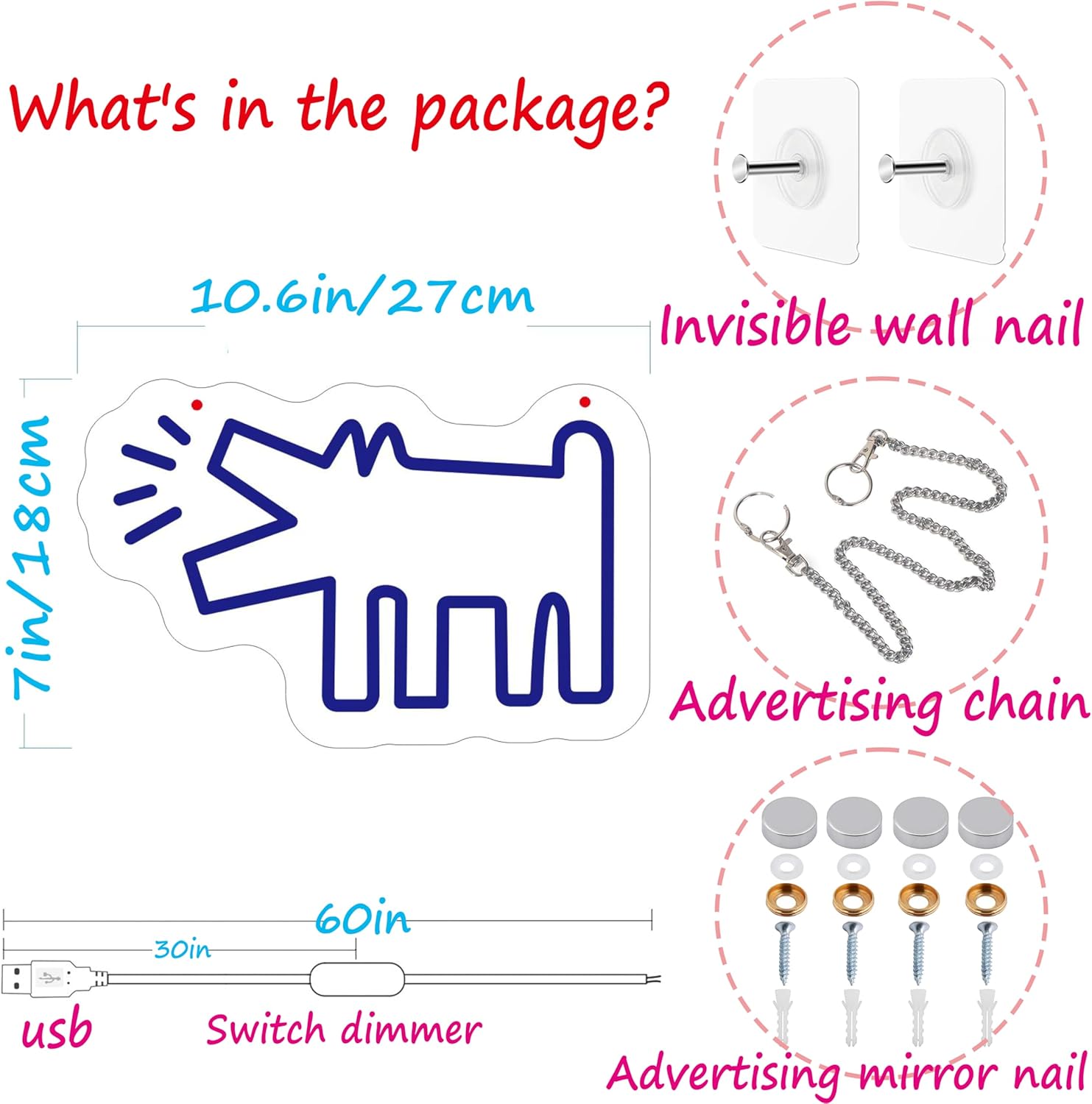 Señal de neón para perro, iluminación ajustable, luz de neón LED para dormitorio, pared preppy niñas, estética, dormitorio Y2k, lindo bratz,