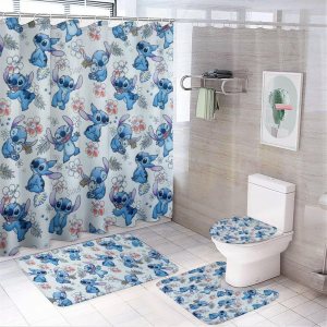 Juego de 4 cortinas de ducha de dibujos animados con alfombras antideslizantes, cubierta para tapa de inodoro y cortina de tapete de baño para Juego de 4 cortinas de ducha de dibujos animados con alfombras antideslizantes, cubierta para tapa de inodoro y cortina de tapete de baño para