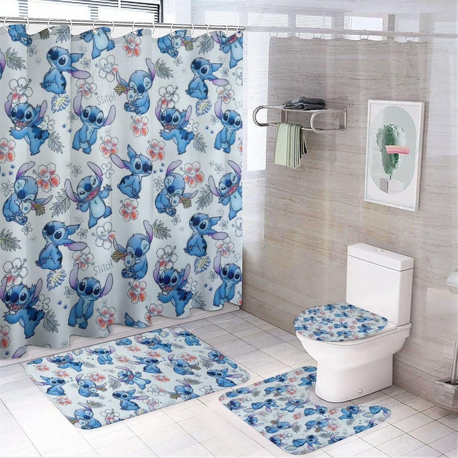 Juego de 4 cortinas de ducha de dibujos animados con alfombras antideslizantes, cubierta para tapa de inodoro y cortina de tapete de baño para