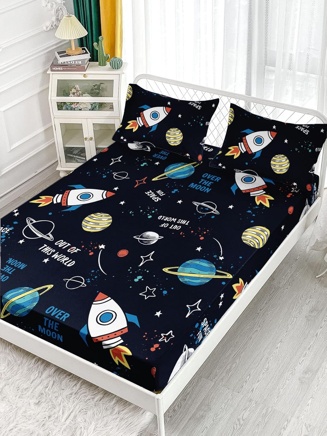 Datura home Space Ship – Juego de sábanas de 4 piezas con estampado de cohete espacial de astronauta con 1 sábana encimera y 1 sábana bajera + 2
