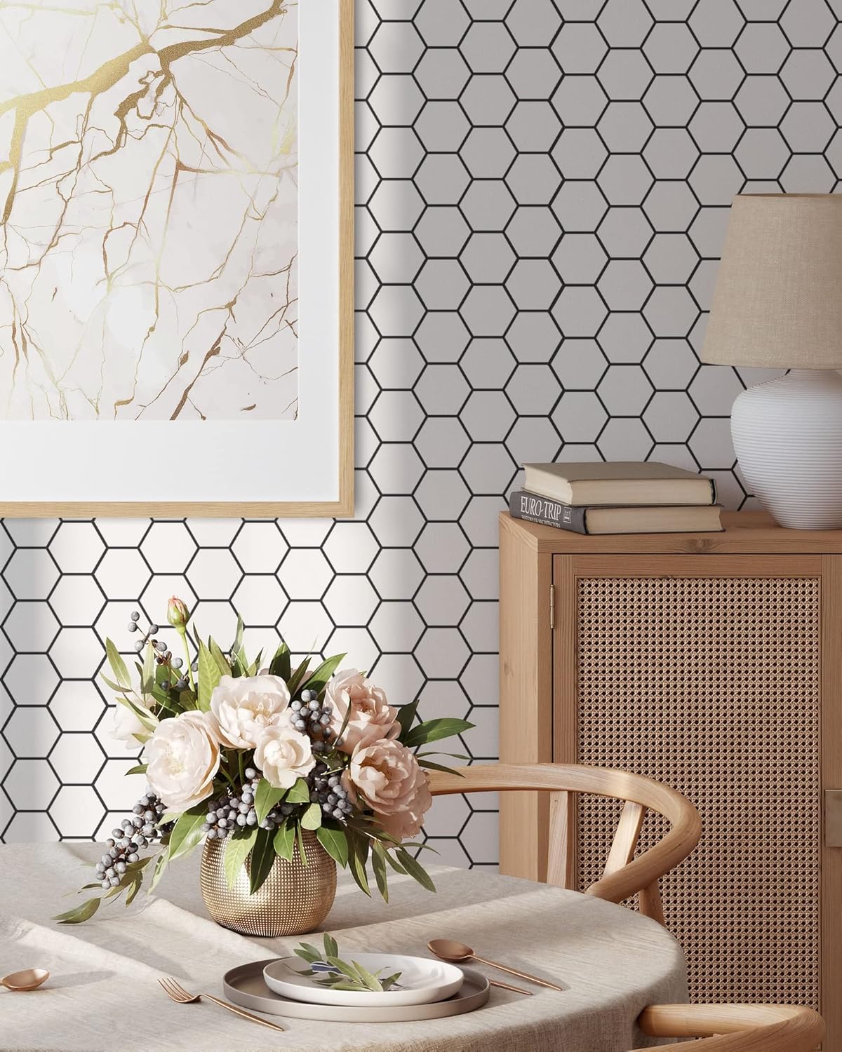 Coloritto Papel tapiz hexagonal  Papel tapiz autoadhesivo extraíble de azulejos blancos y negros  Papel tapiz geométrico para despegar y pegar (1