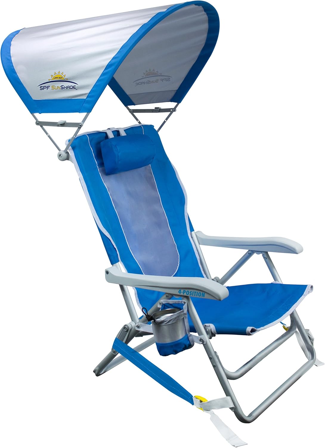 GCI Outdoor Waterside – Silla de playa tipo mochila azul real y sombrilla junto al agua