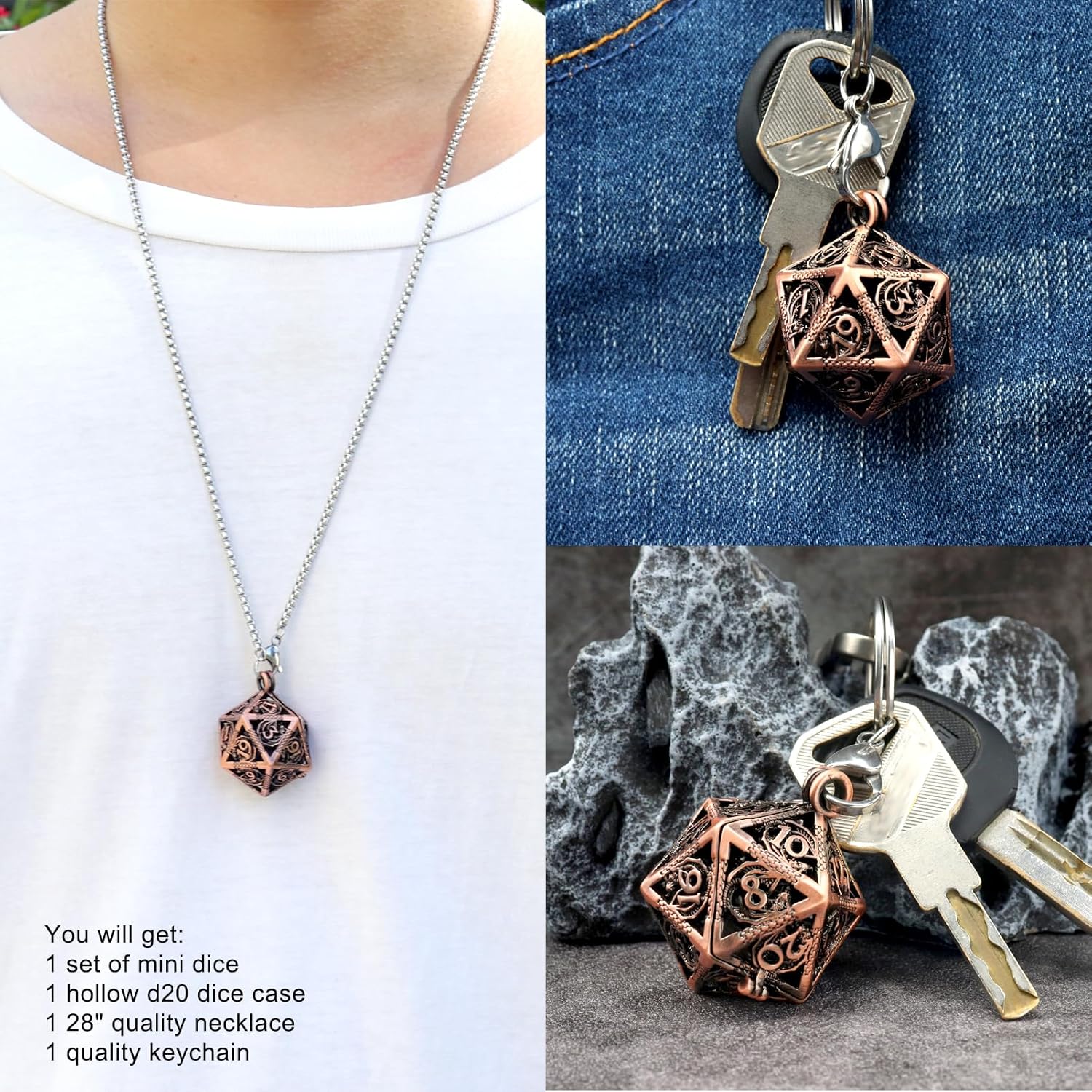 Haxtec Juego de dados pequeños de metal DND con cobre hueco D20, collar D20, juego de dados pequeños antiguos, llavero D&D, portátil, 7 piezas