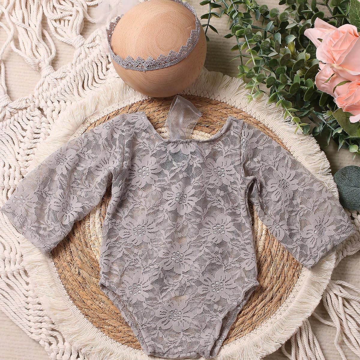 Traje de fotografía para bebé, traje de encaje para recién nacido, sesión de fotos, diadema de flores, disfraz de princesa