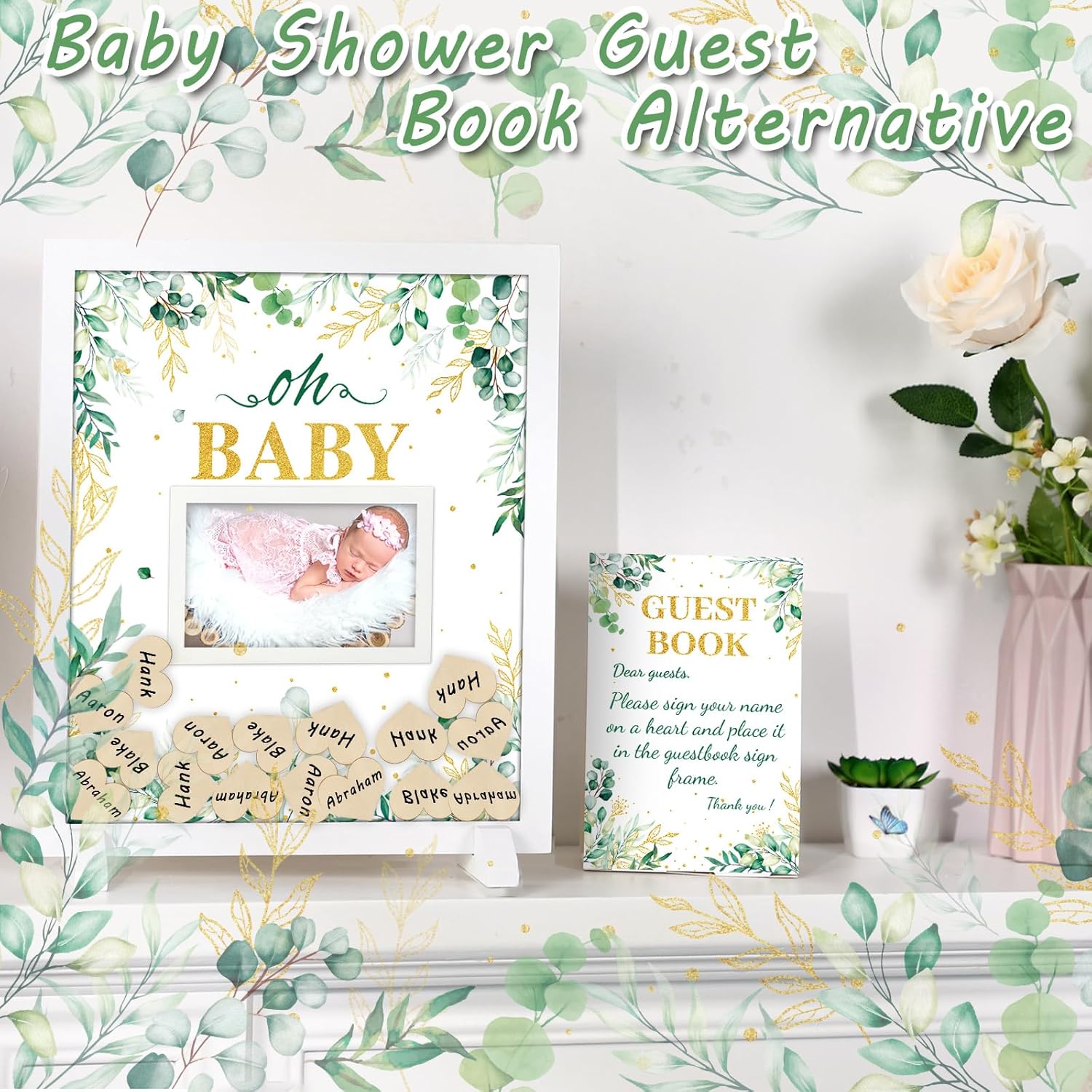 66 piezas Greenery Baby Shower Libro de Invitadas Alternativo de Eucalipto Baby Shower Libro de Visitas Libro de Visitas Oh Baby Marco de 60 Piezas