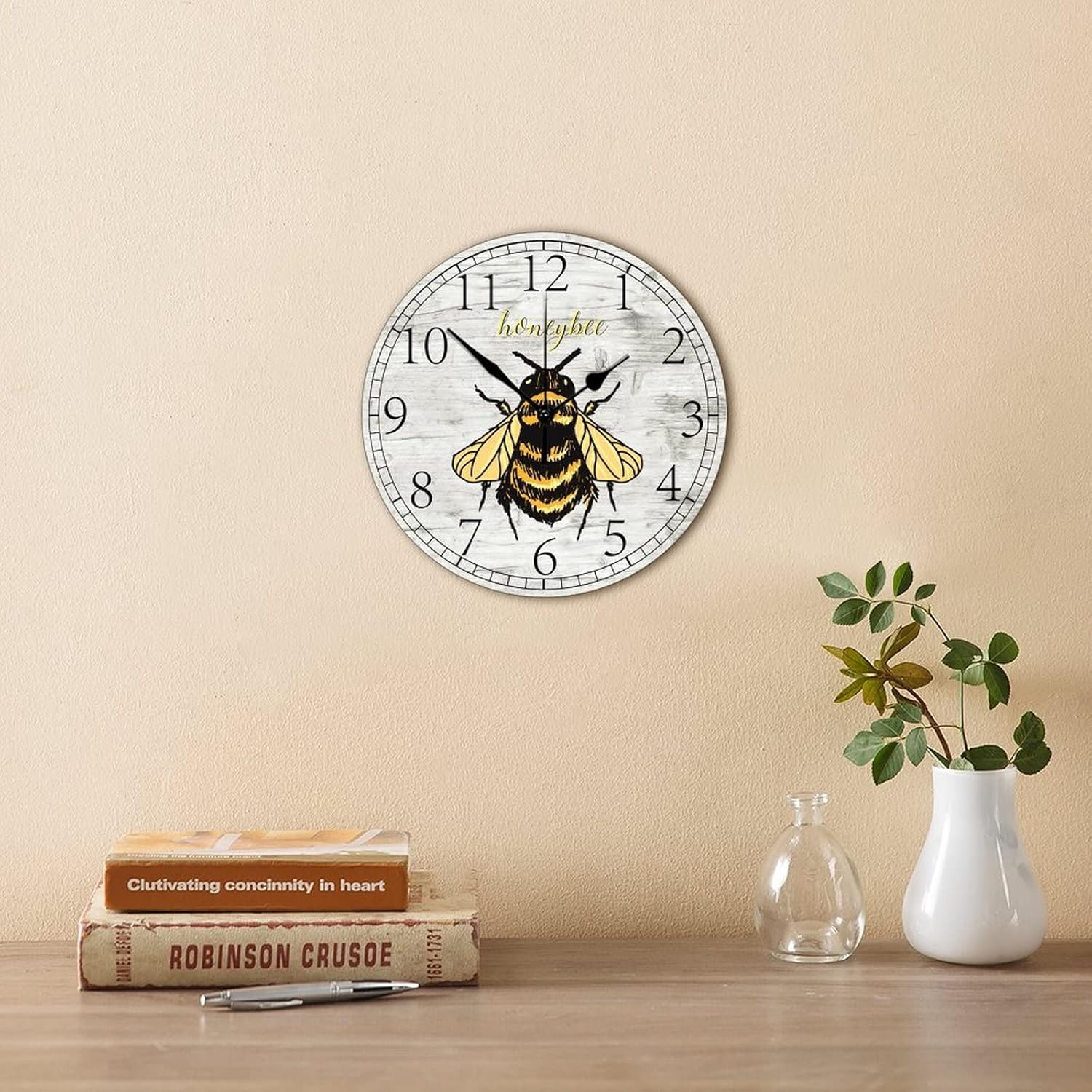 Reloj de pared retro estilo granja, abejas de abejas de miel, estilo antiguo, reloj de madera silencioso, sin tictac, funciona con pilas, reloj
