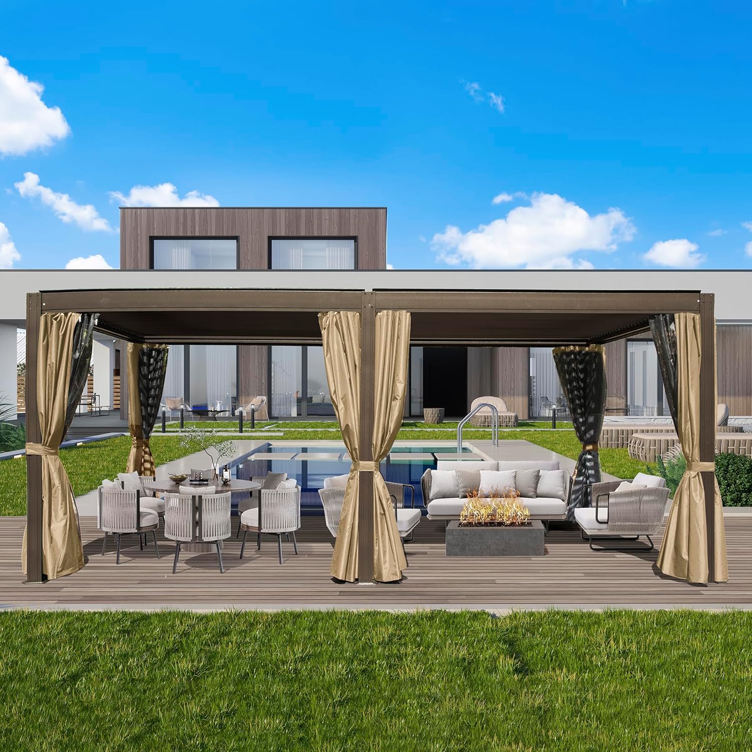 Domi Outdoor Living Gazebo de aluminio con listones para exteriores, 12 x 20 pies, con techo ajustable para patio trasero, jardín con cortinas y red