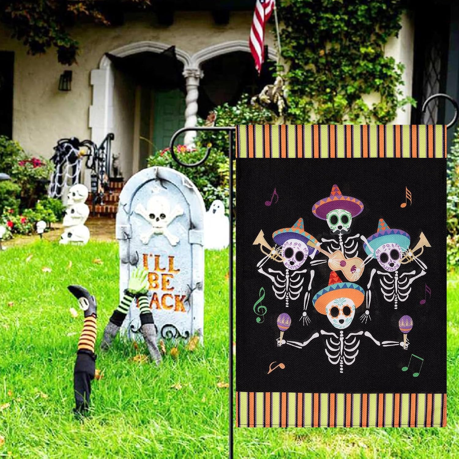 Banderas de jardín de Halloween, banderas de jardín de doble cara de 12 x 18 pulgadas, banderas de arpillera de esqueleto para exteriores,